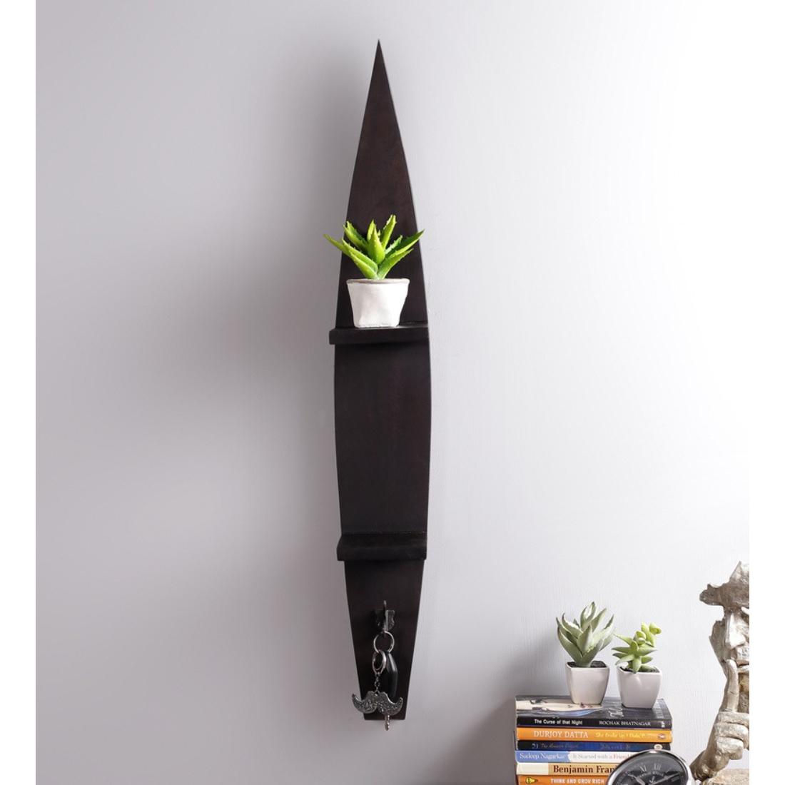 Engineered Wood Wall Shelf with Key Hooks in Black Colour-image-4