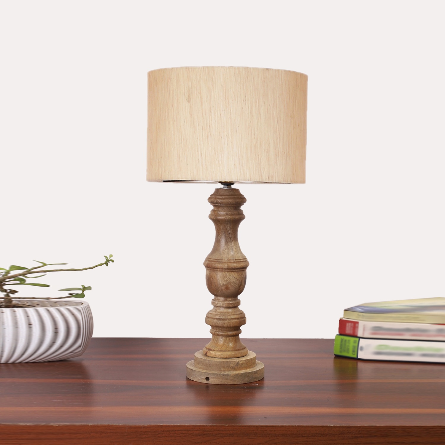 Devansh Off White Cotton Table Lamp With  Wood Natural Base  (7X17.5 Inches)-2 - Devansh