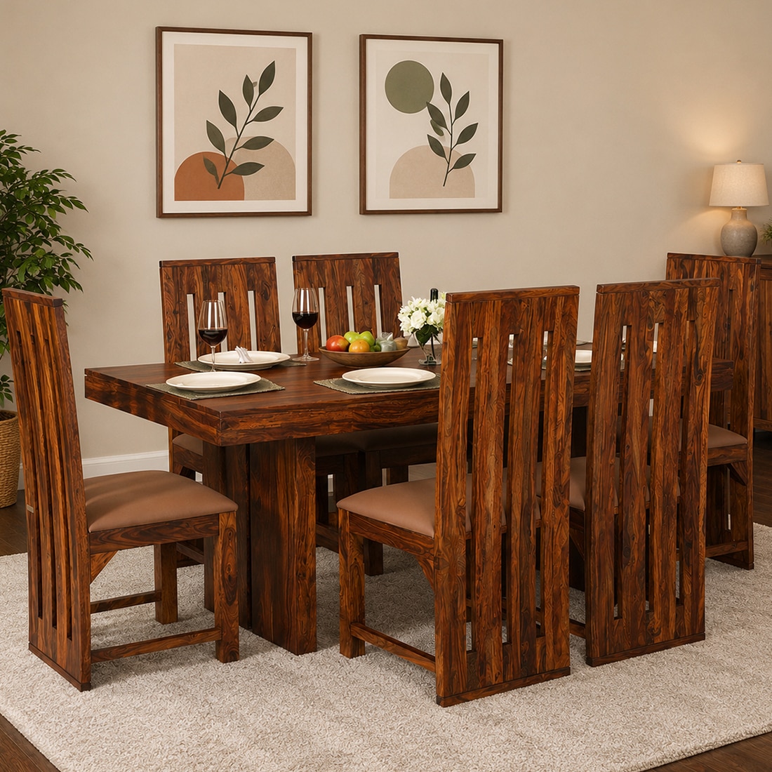Brenda 6 Seater Dining Set  In Honey Finish - Jyoti Impex