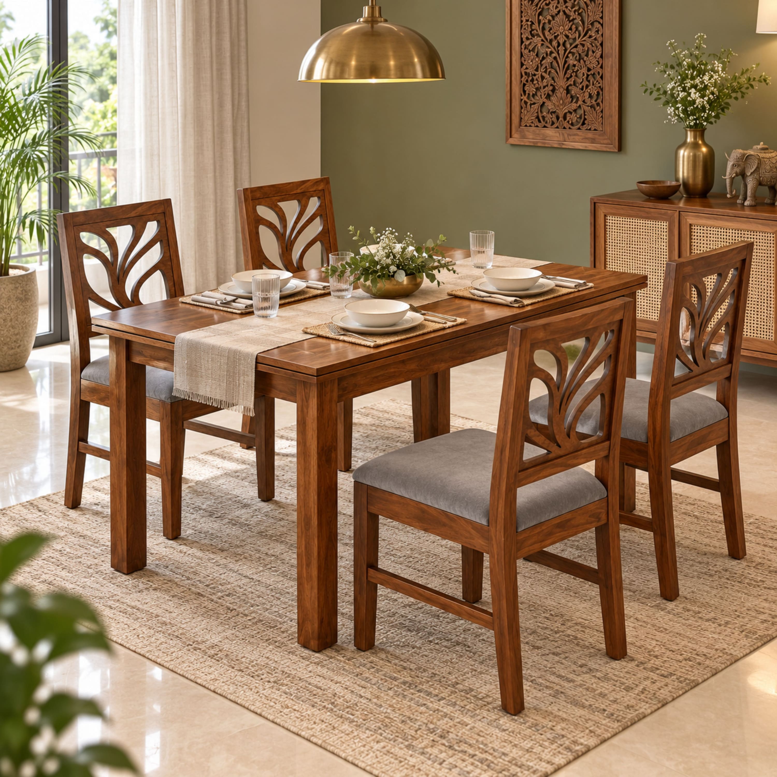 Globally Indian Vallari Solid Sheesham Wood 4 Seater Dining Table Set 4 Chairs Grey