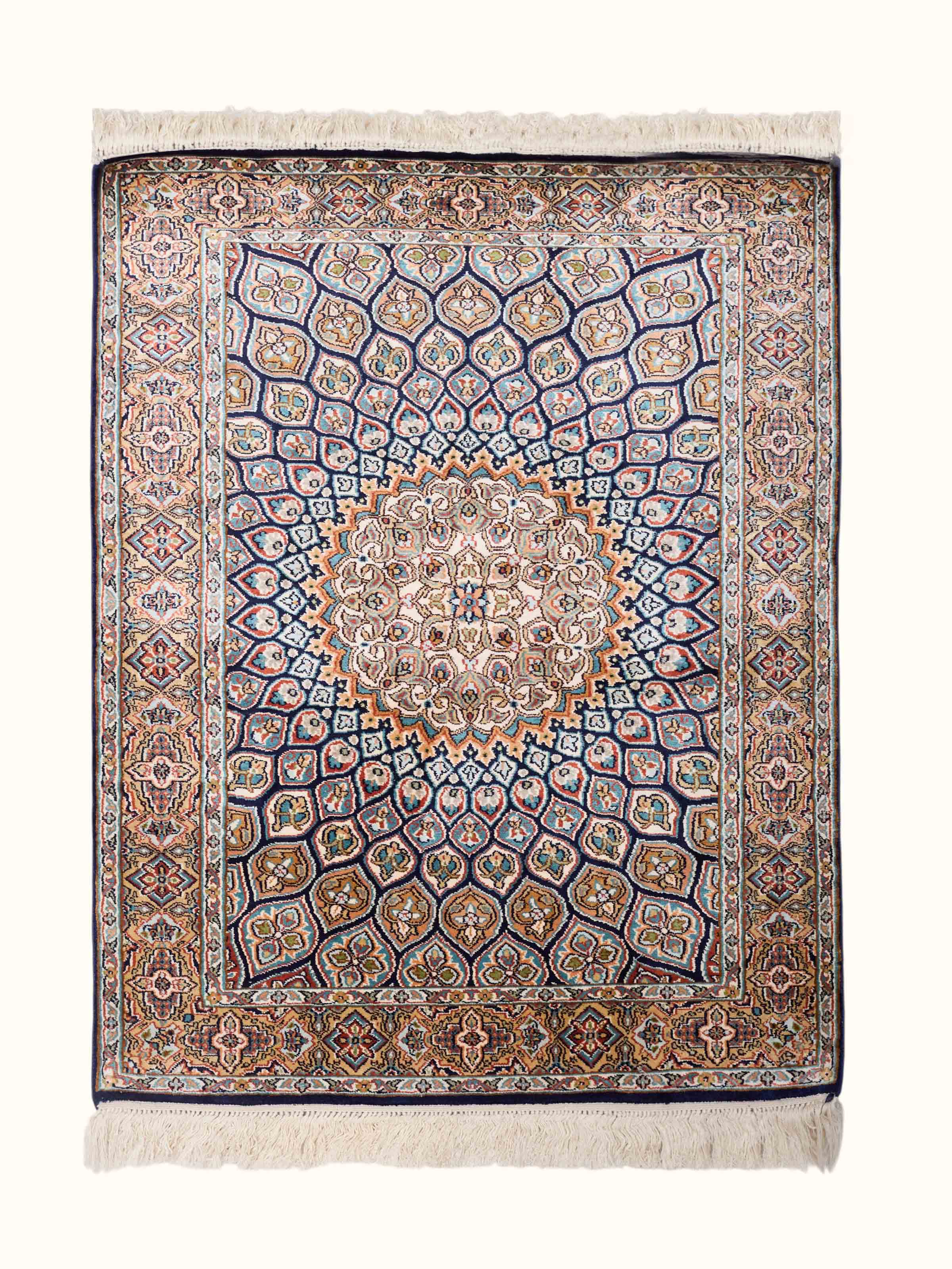 Traditional Persian Navy Ivory Medallion Kashmir Silk Hand-Knotted Carpet