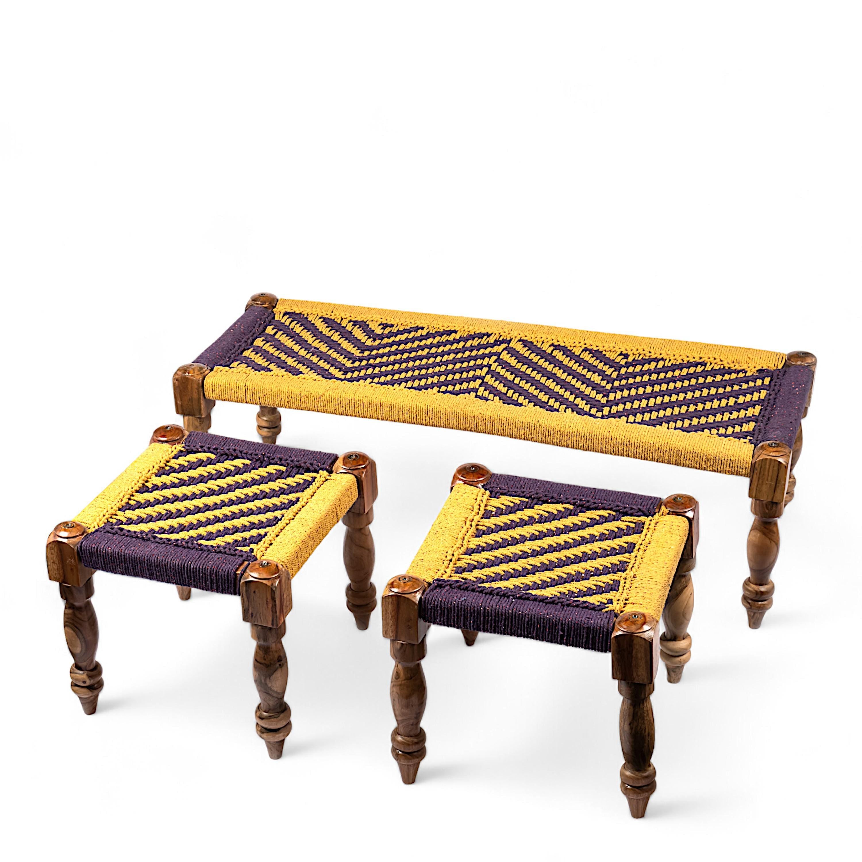 Hamilton Solid Wood Maachi Bench set with 2 Stools in Purple & Yellow Canning