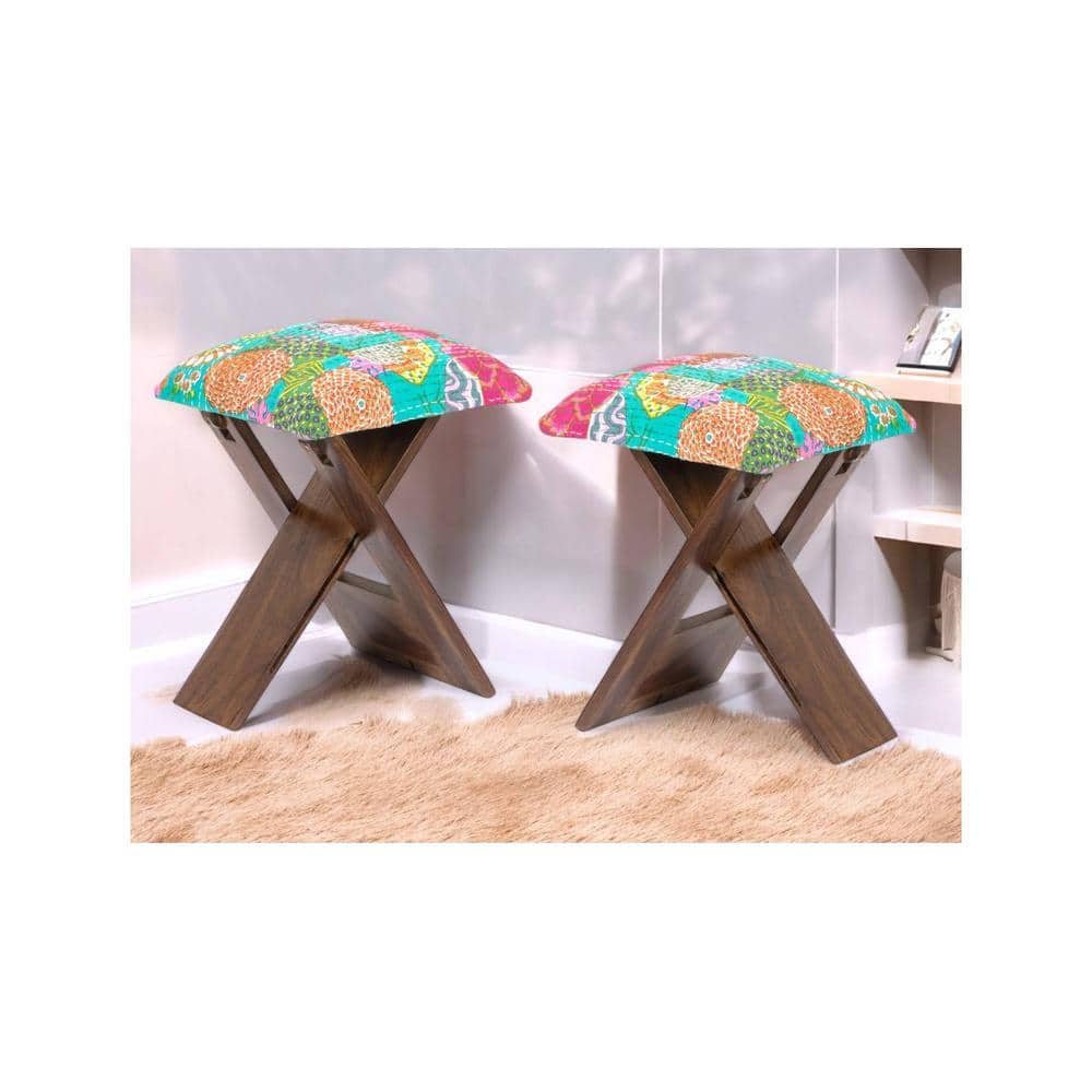 Dayton Sheesham Wood Mid Century Square Set of 2   Stools in Sea Green Fruit Print Kantha Upholstery