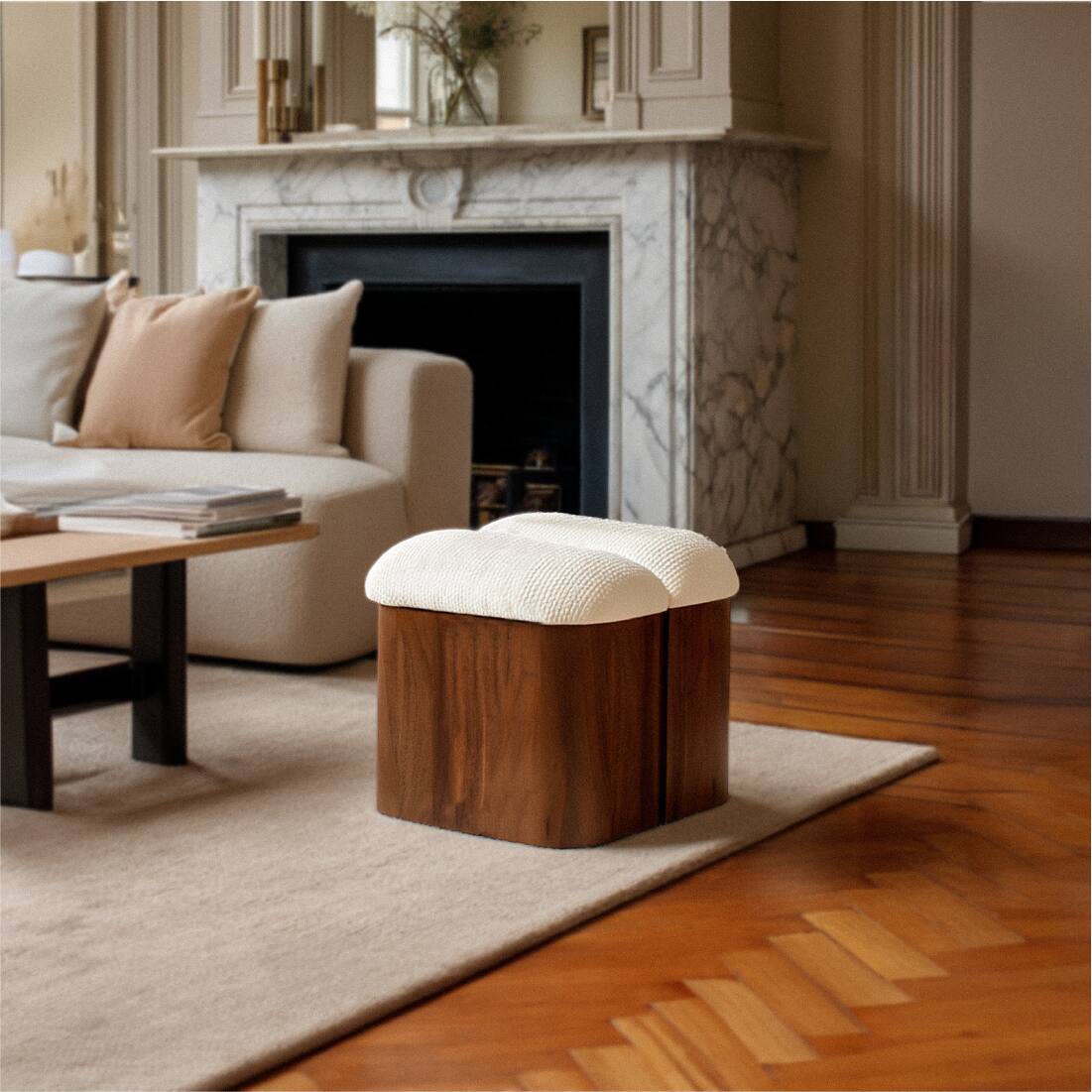 Loaf Solid Wood Pouf in White Colour - Orange Tree