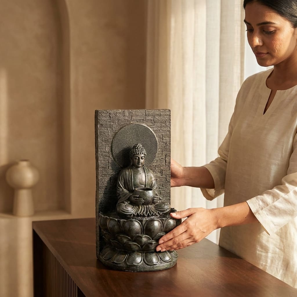 Water Fountain Lotus Halo Buddha Water Fountain in LED in Antique Bronze Colour - Vedas