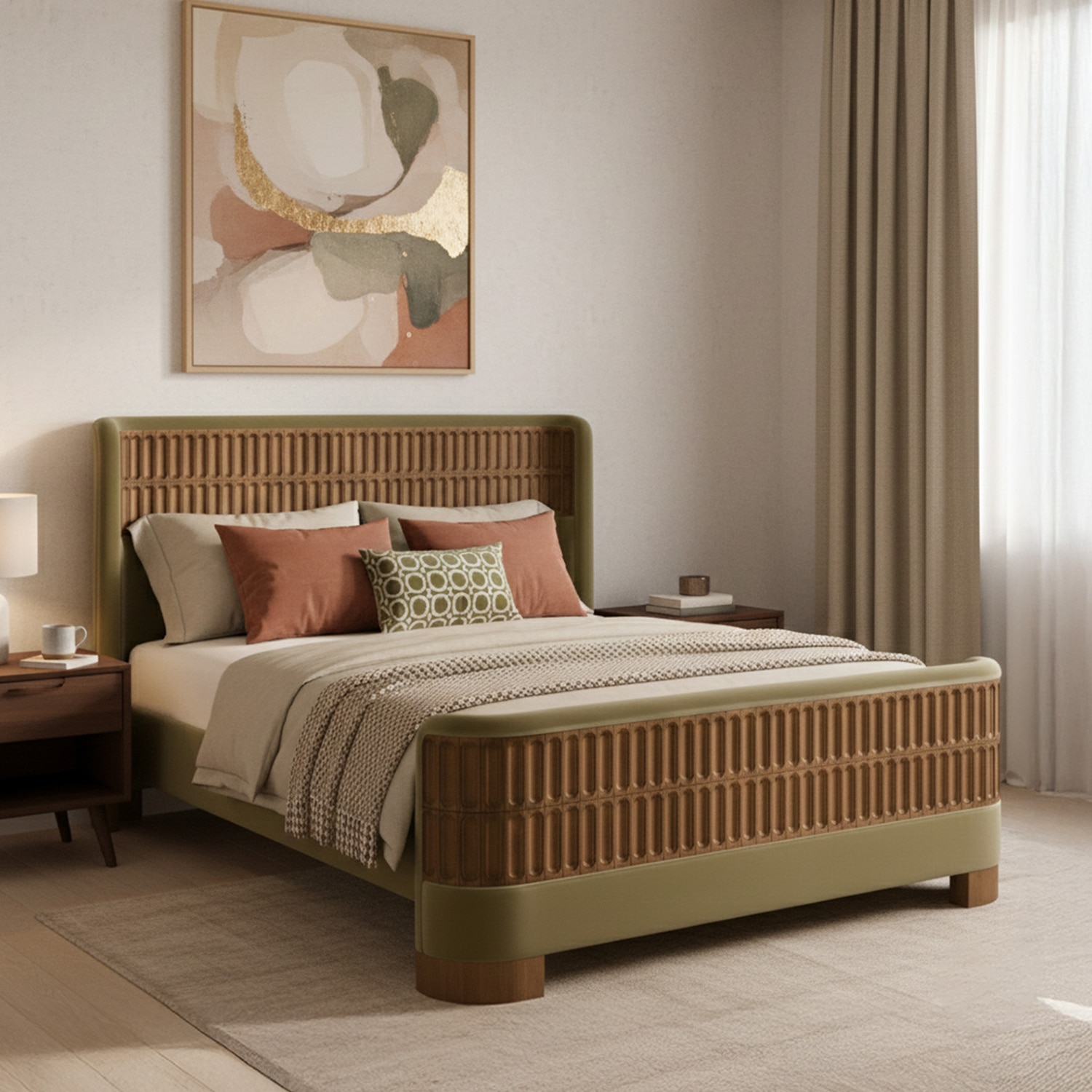 Heritage Cane Upholstered Queen Size Bed in Linen With Oak wood Frame