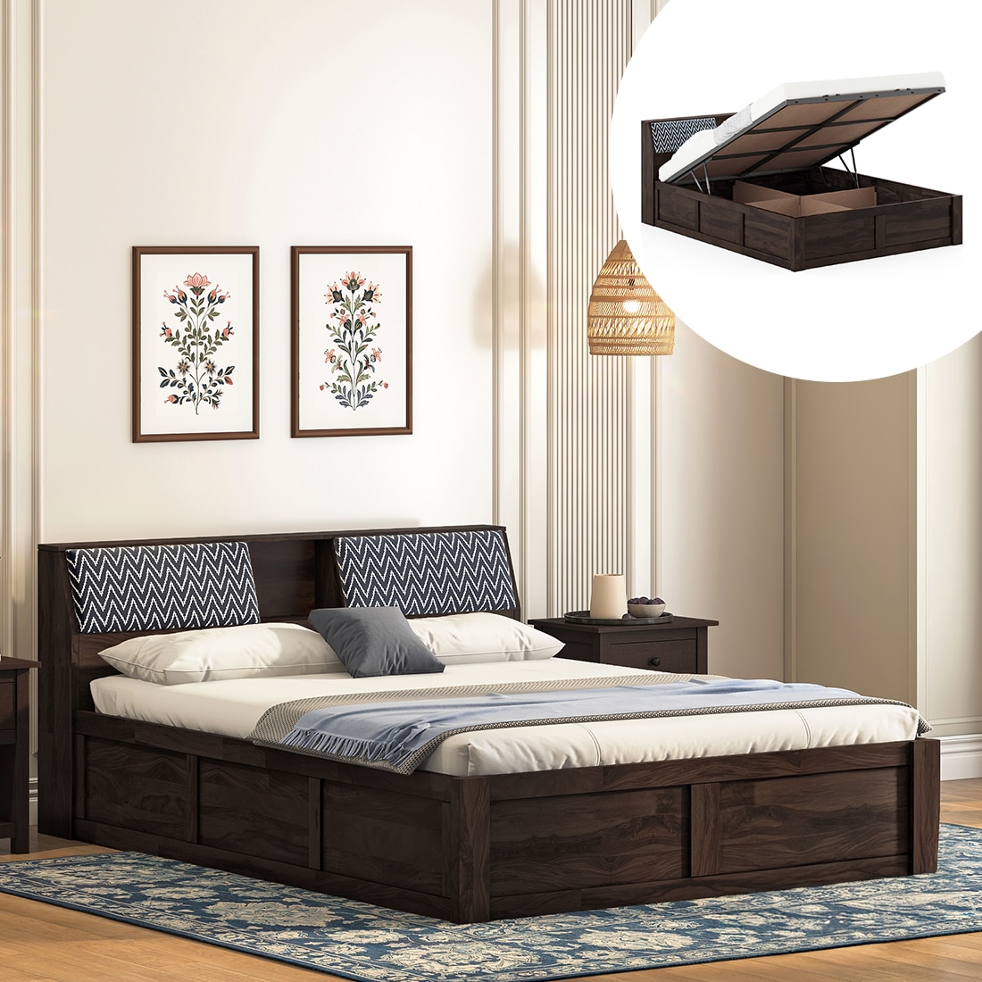 Jennings Queen Size Hydraulic Storage Bed in American Walnut Finish