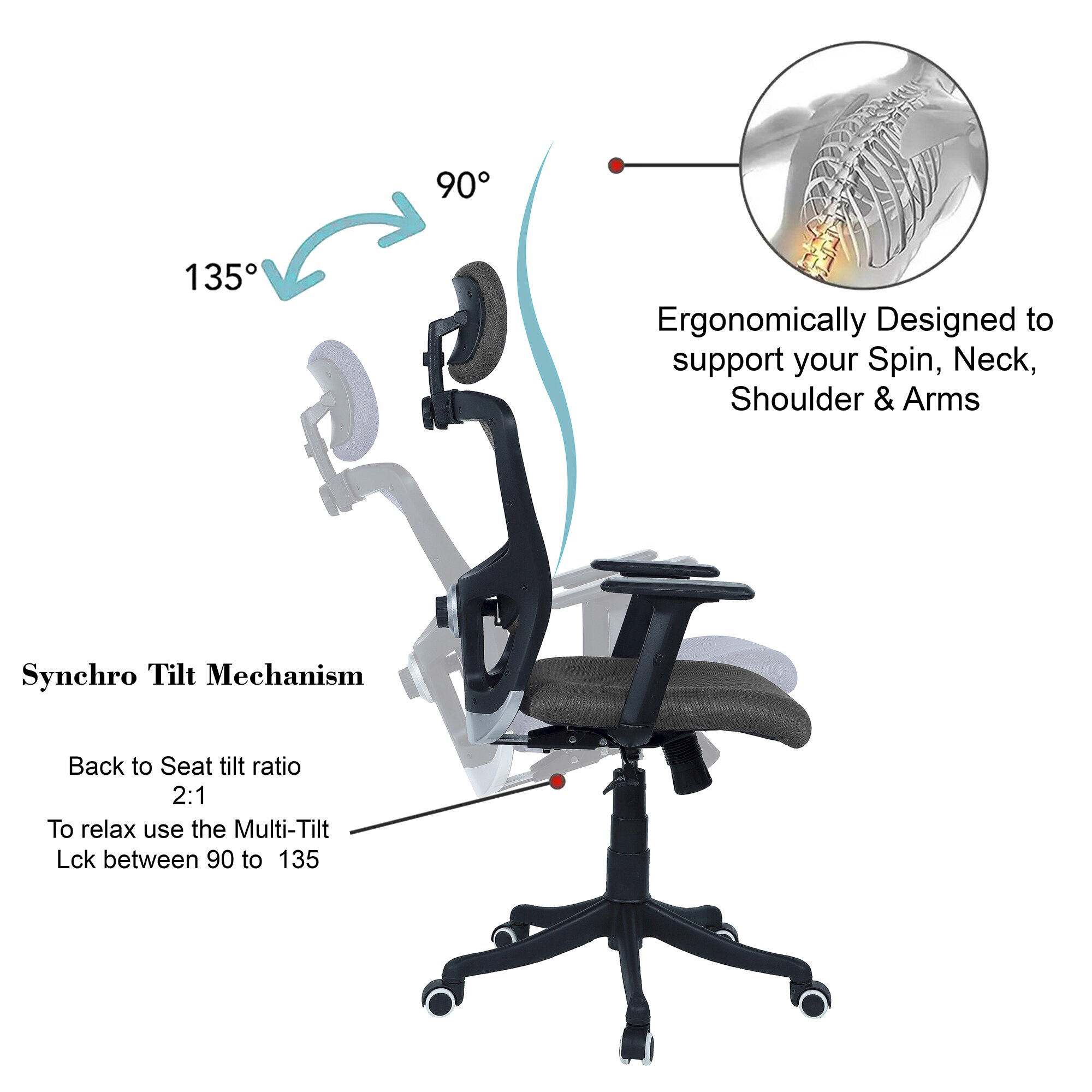 Dreaceo High Back Ergonomic Chair in Grey Colour
