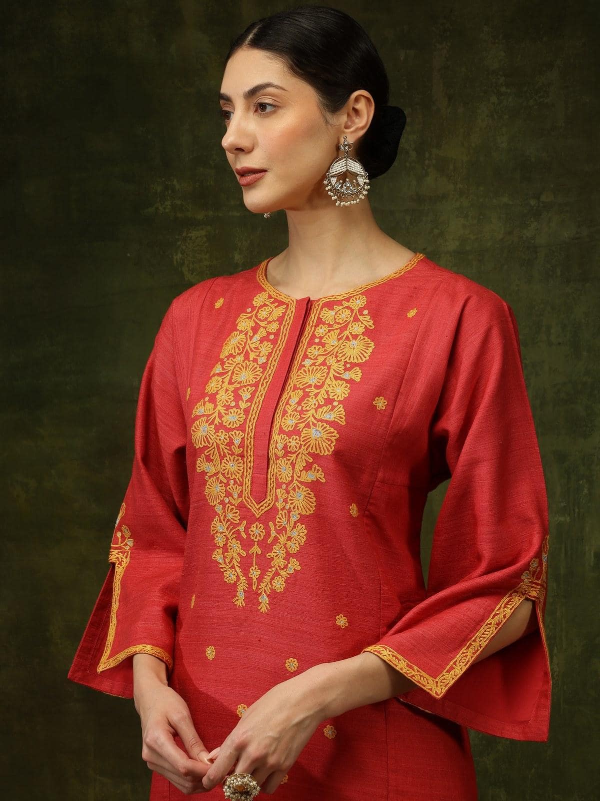Coral Silk Crewel Embroidered A-Line Kurta