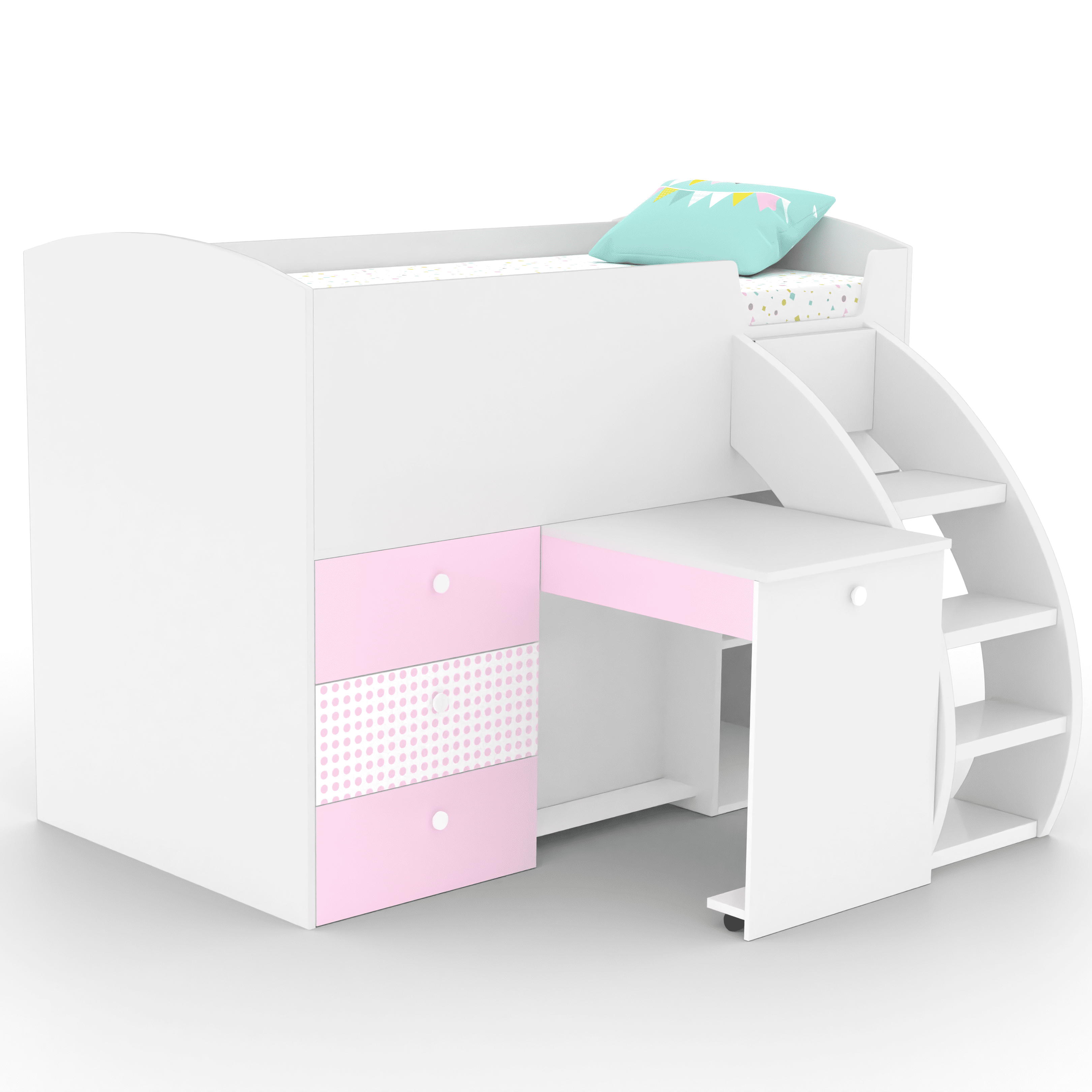 Fun House Loft Bed Ith Integrated Pull Out Desk  White And Pink In White and Pink Colour