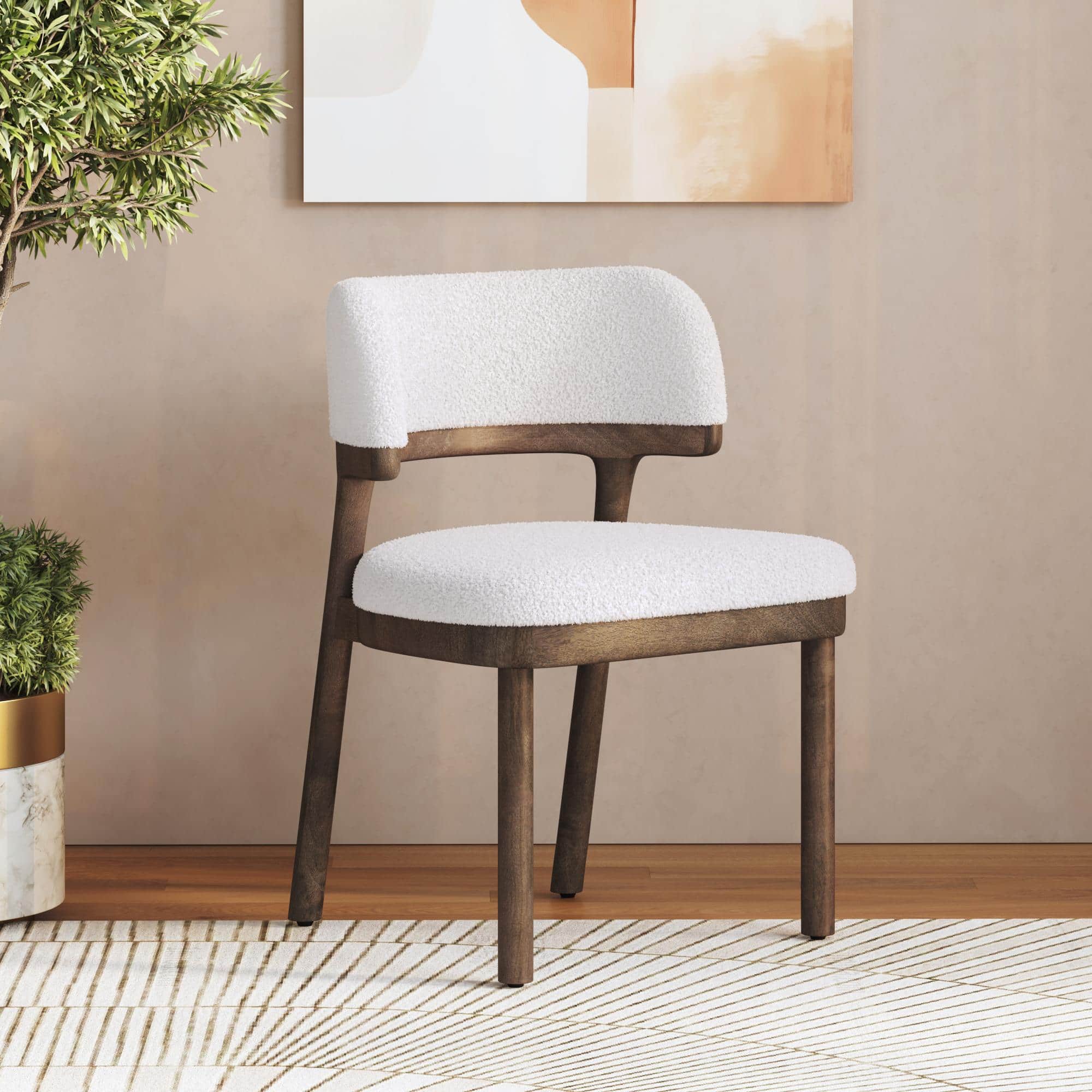 Dune Solid Wood Single Dining Chair In Brown Oak Finish with White Boucle Colour