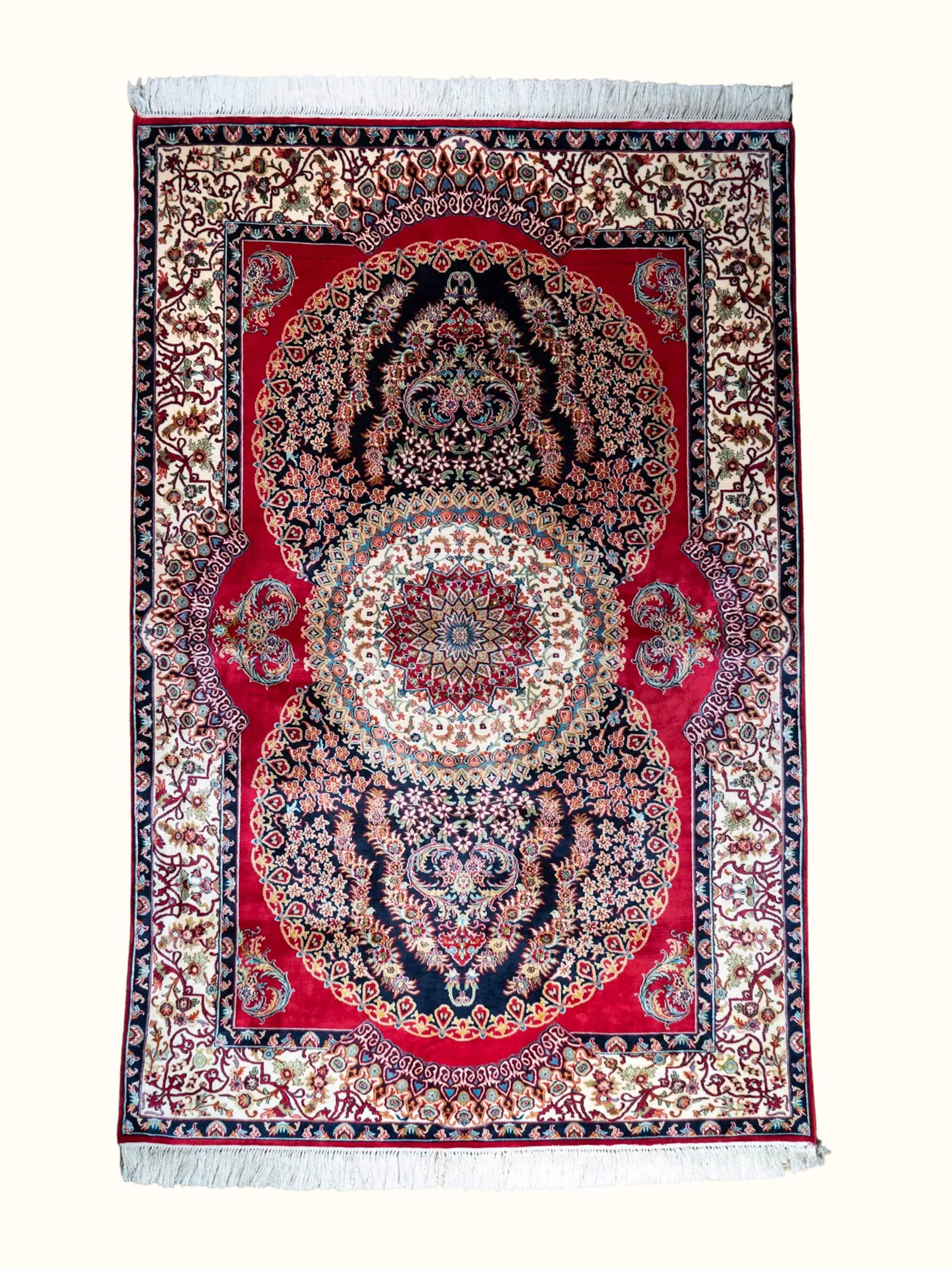 Traditional Persian Red Ishfahan Kashmir Silk Hand-Knotted Carpet