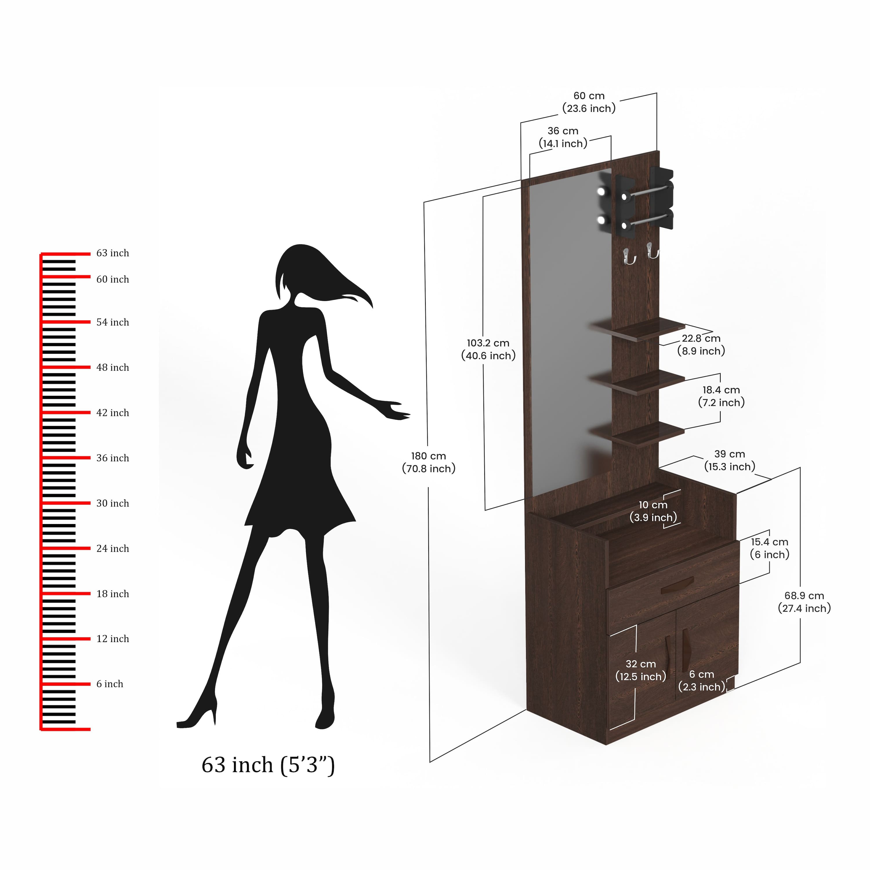 BLUEWUD Darci Engineered Wood Wall Mount/Floor Standing Dressing Table Organizer Makeup Vanity with Mirror Storage Shelves, Bangle Holder & Hooks for Bedroom Home Furniture (Wenge)