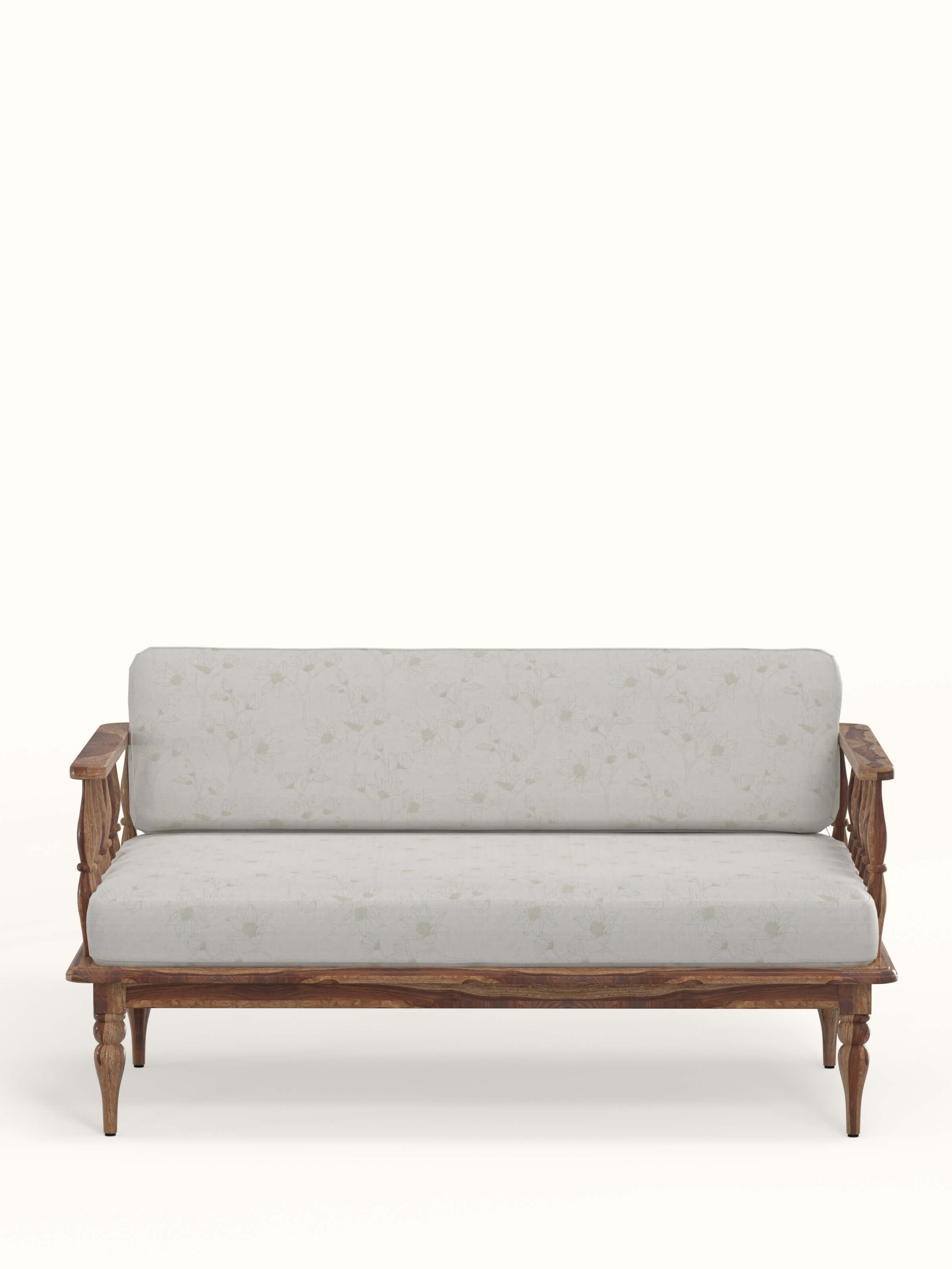 Front view of natural finish upholstered sheesham wood 2-seater sofa showcasing elegant design