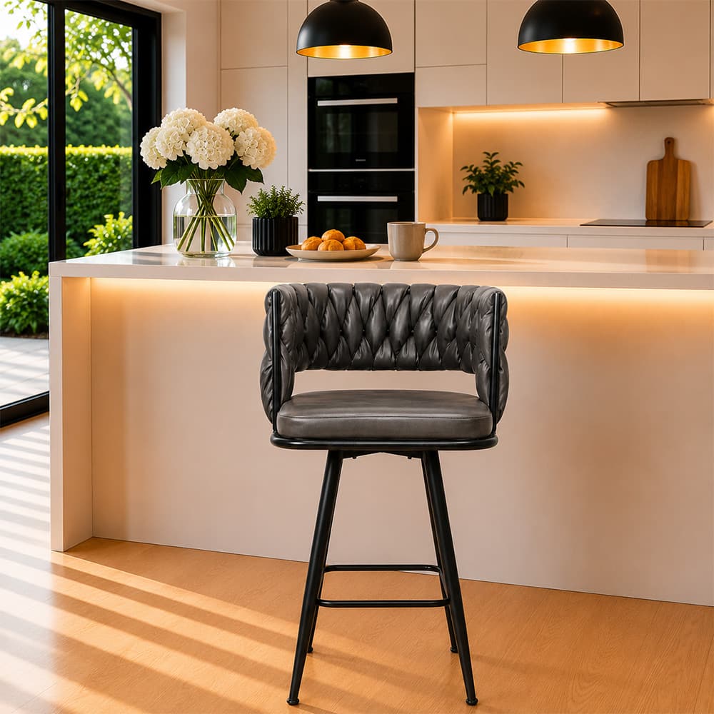 Doe Buck Presley Braided Faux Leather Bar Stool in Grey Colour - Doe Buck