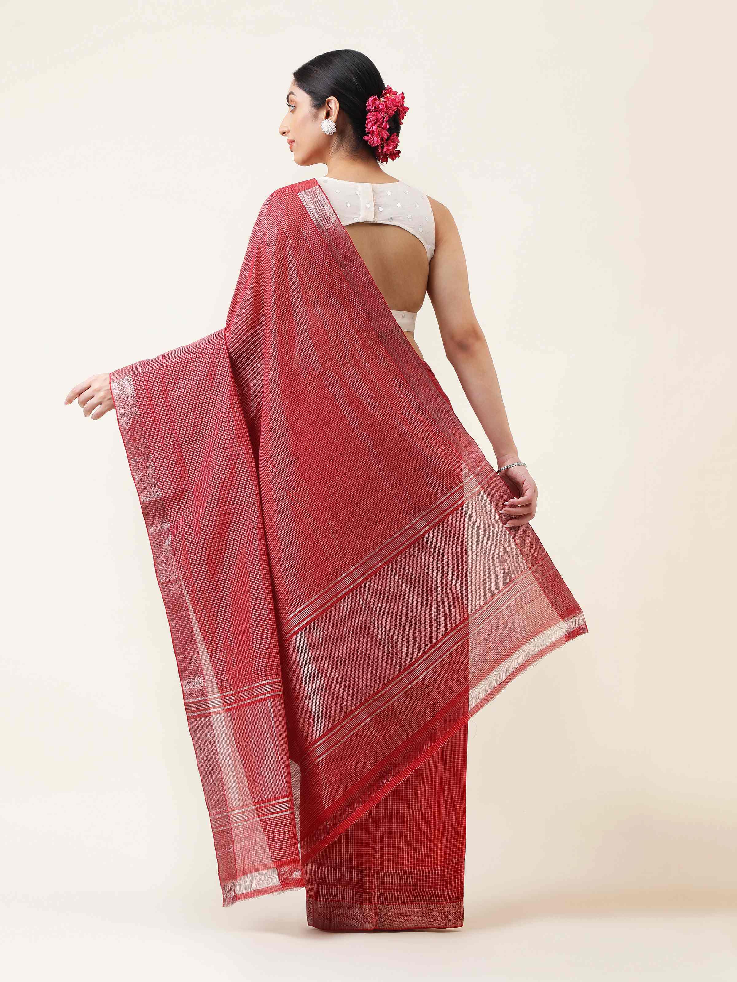 Red Cotton Blend Mangalgiri Saree