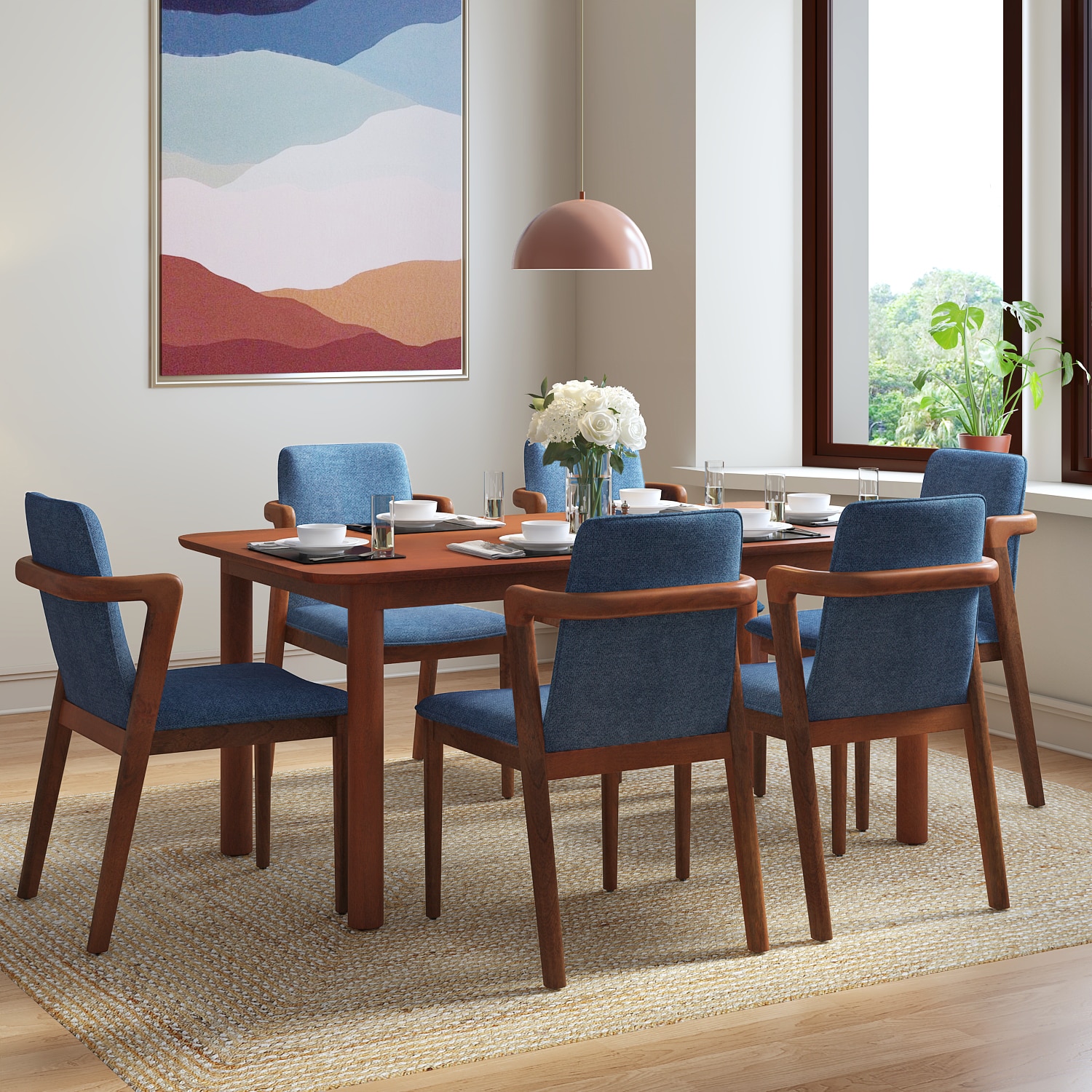 Dane Solid Wood Dining Table 6 Seater with 6 Harper Single Solid Wood Dining Chairs (Finish: Honey, Colour: Baltic Blue) - Urban Ladder