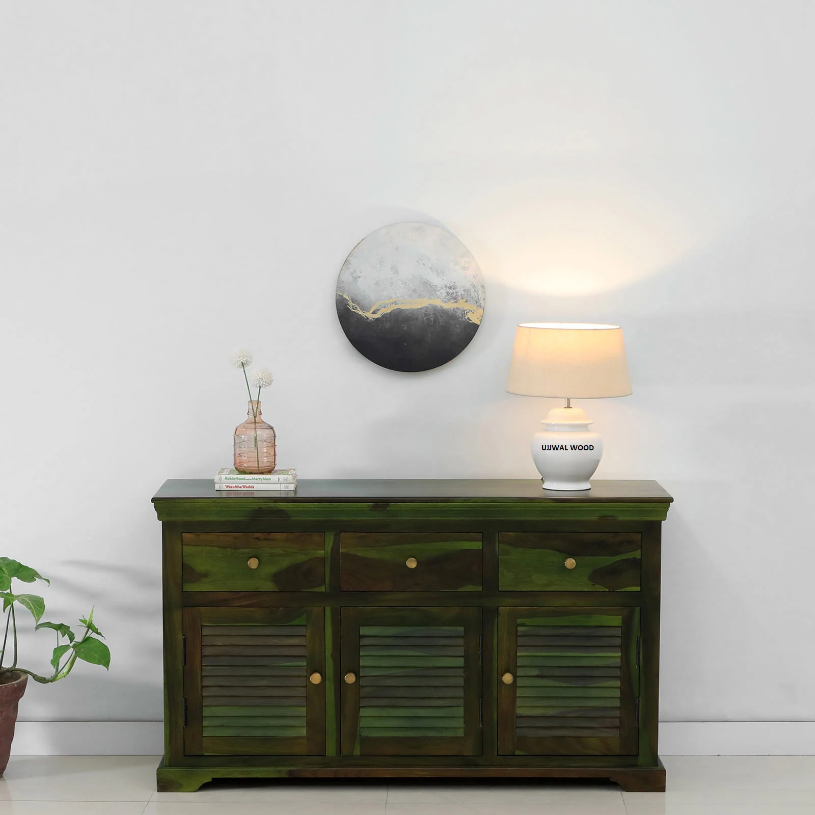 Sheesham Wood Sideboard In Scratch Resistant Spring Green Finish - Ujjwal Wood