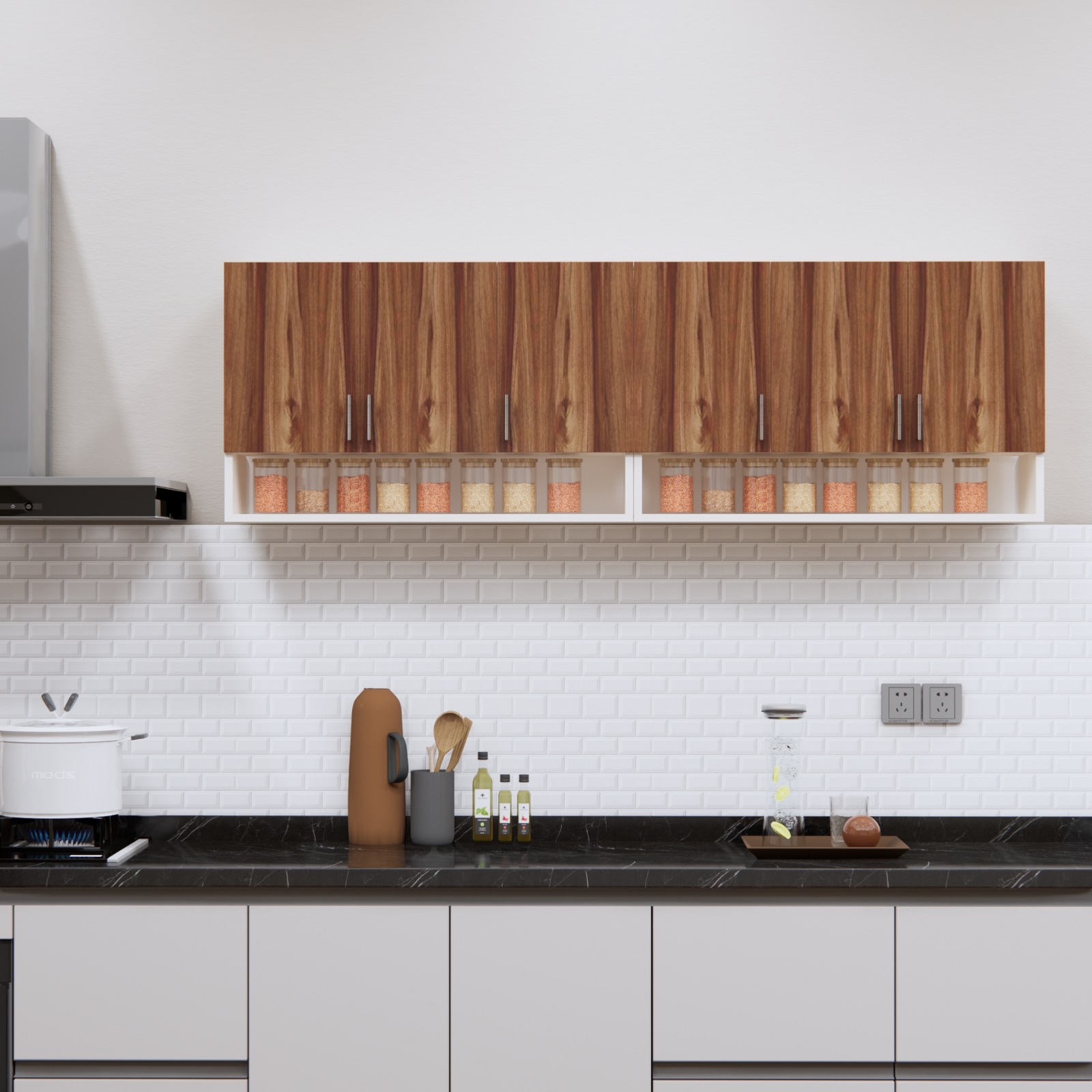 6 Doors Modular Wall Mounted Kitchen Cabinet With Organizer Shelf In Aisan Walnut Finish