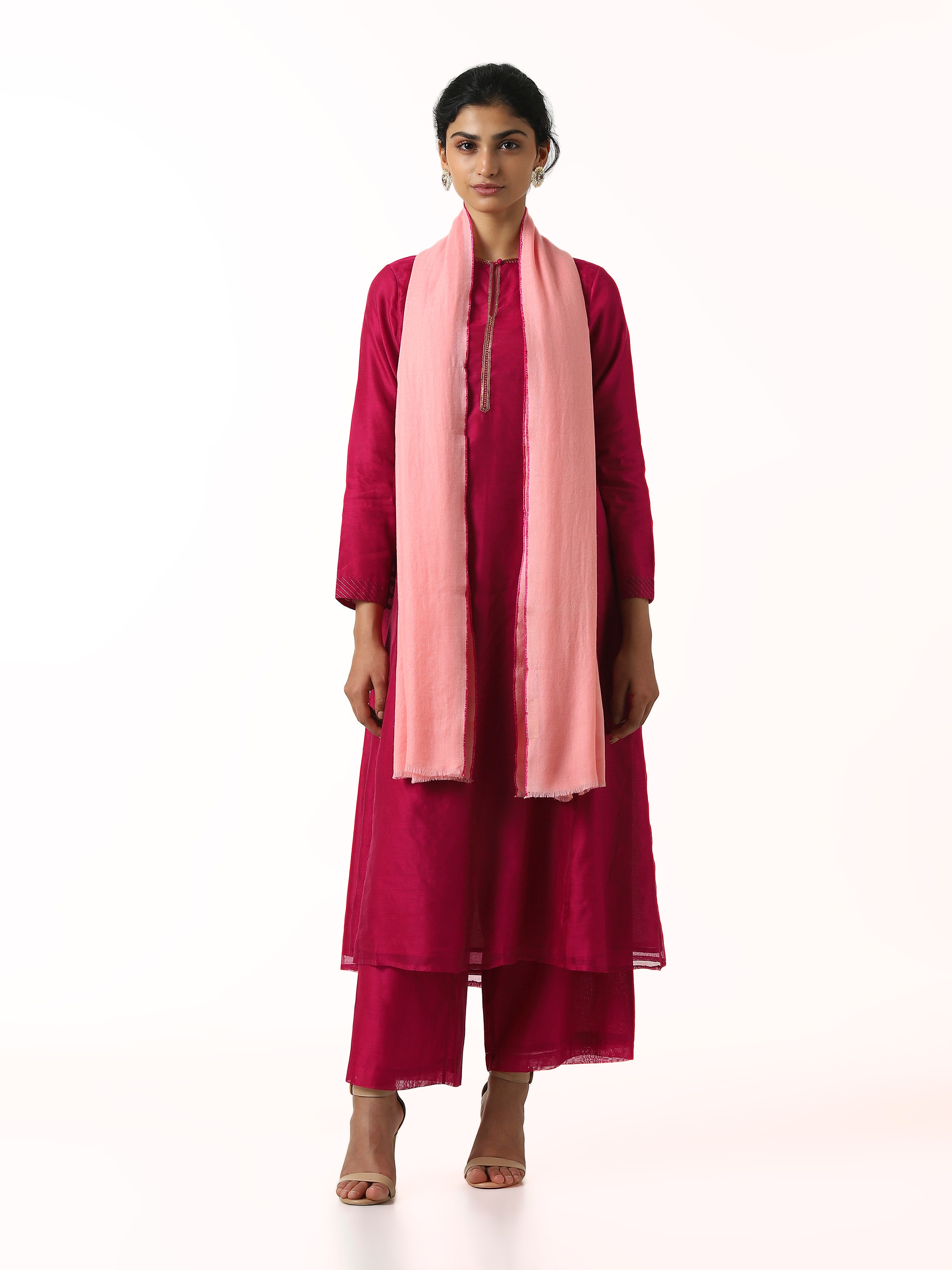 Front view of pink cashmere kaaj embroidered handwoven stole showcasing soft hue and delicate embroidery