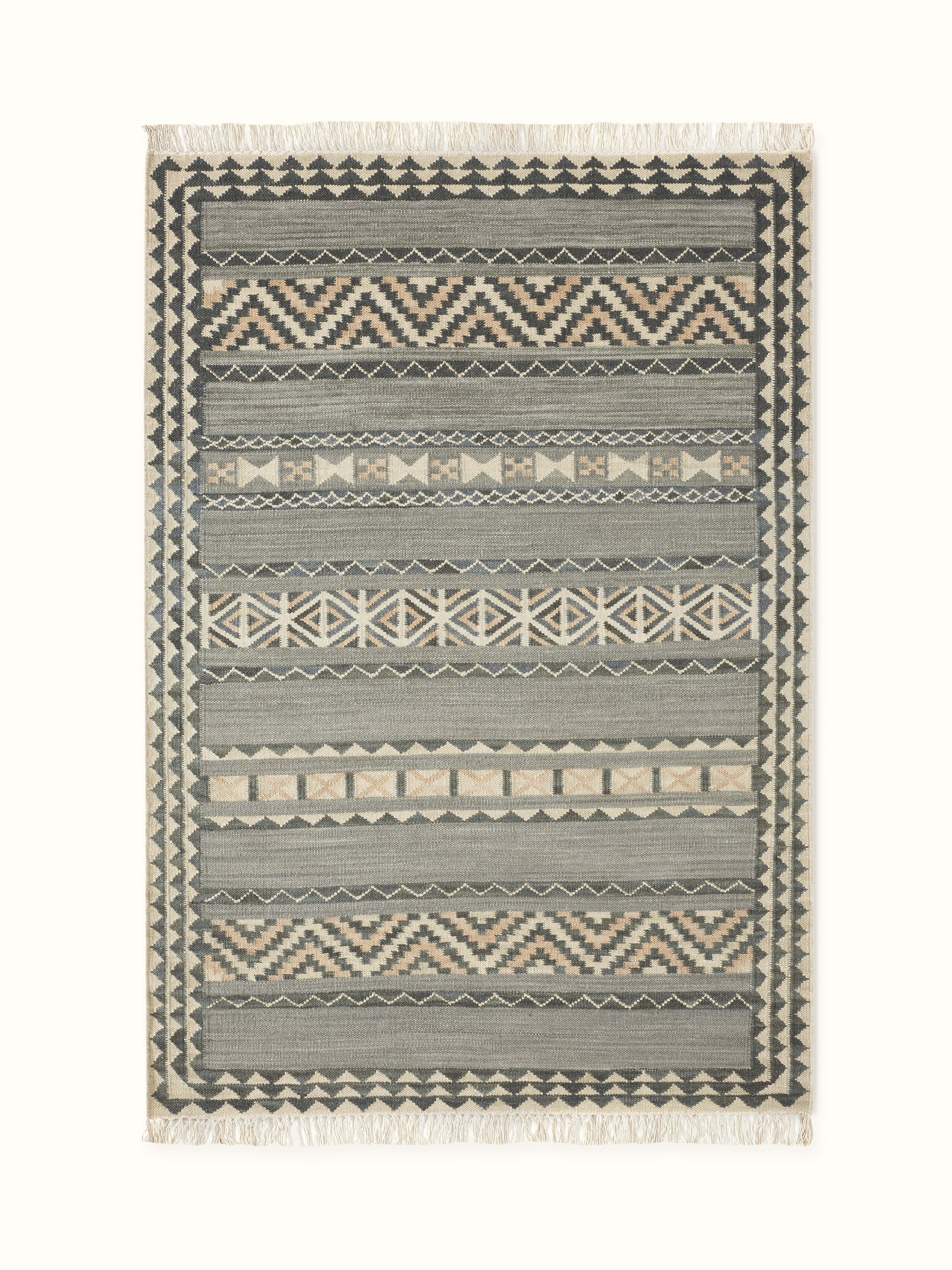 Front view showcasing the modern geometric grey pattern on wool Panja dhurrie