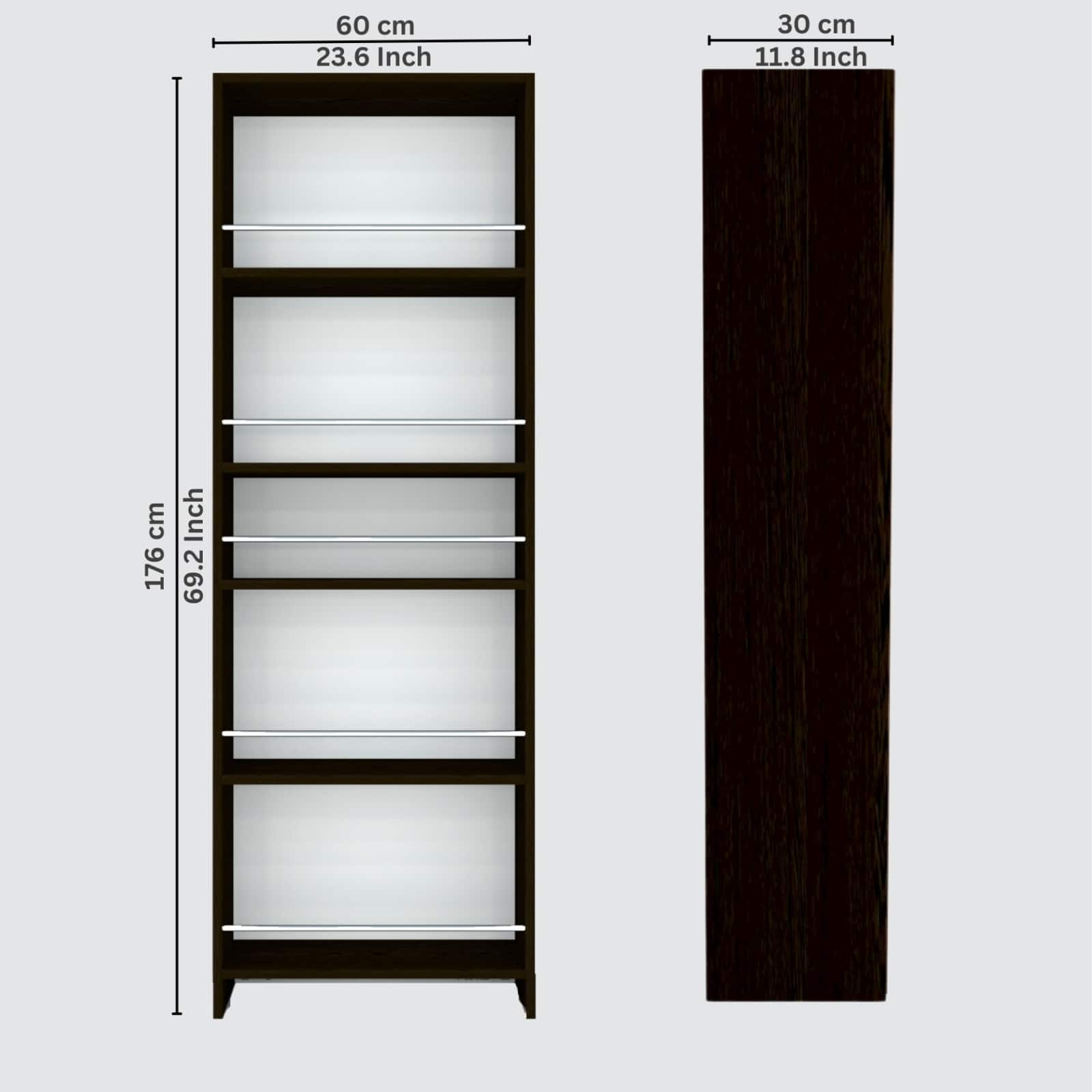 5 Open Shelves In Highland Pine Finish With Free Standing Tall Units.