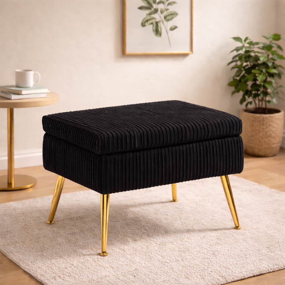 Doe Buck Ribbed Velvet Ottoman Stool in Black Colour with Gold Metal Legs - Doe Buck