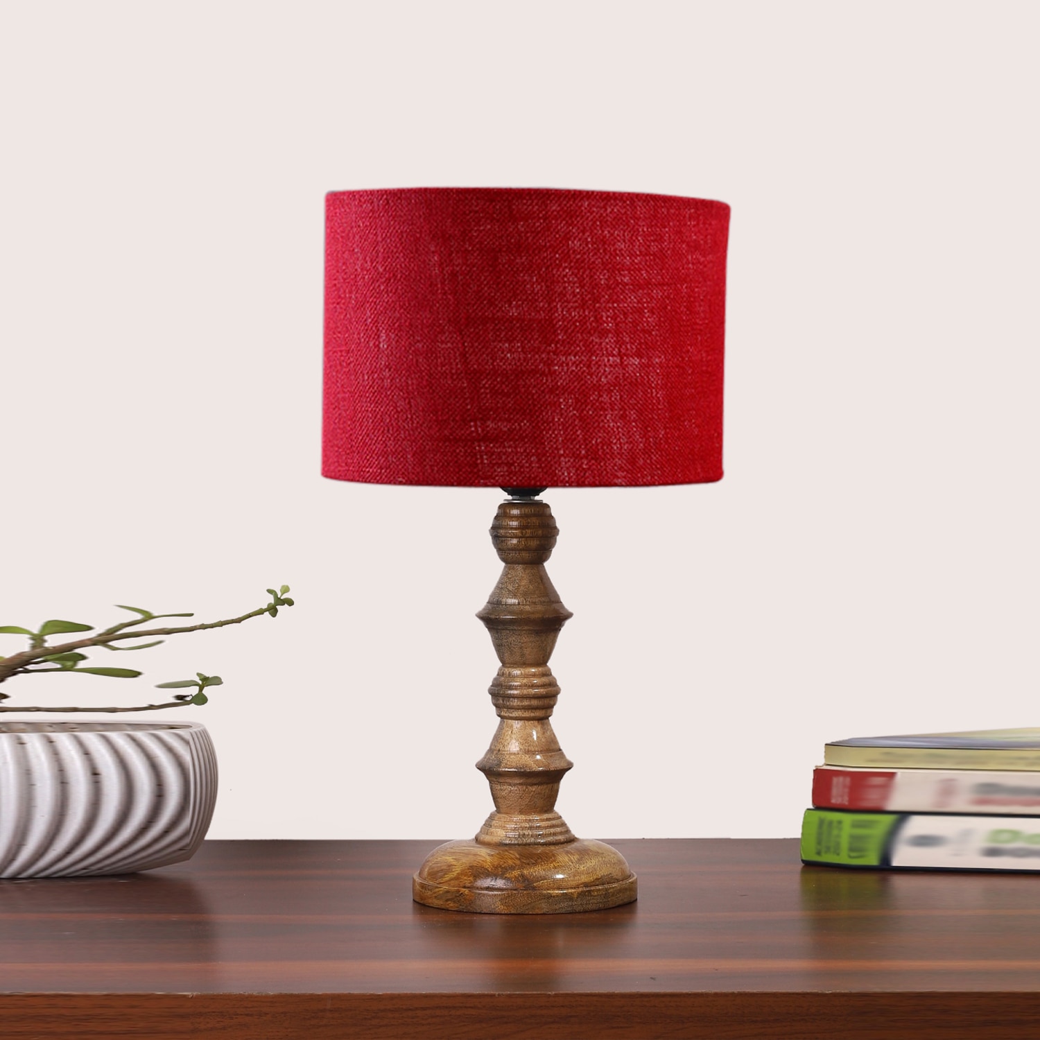 Devansh Maroon Jute Table Lamp With G Wood Natural Base -(7X7X15.5 Inches)-12 - Devansh