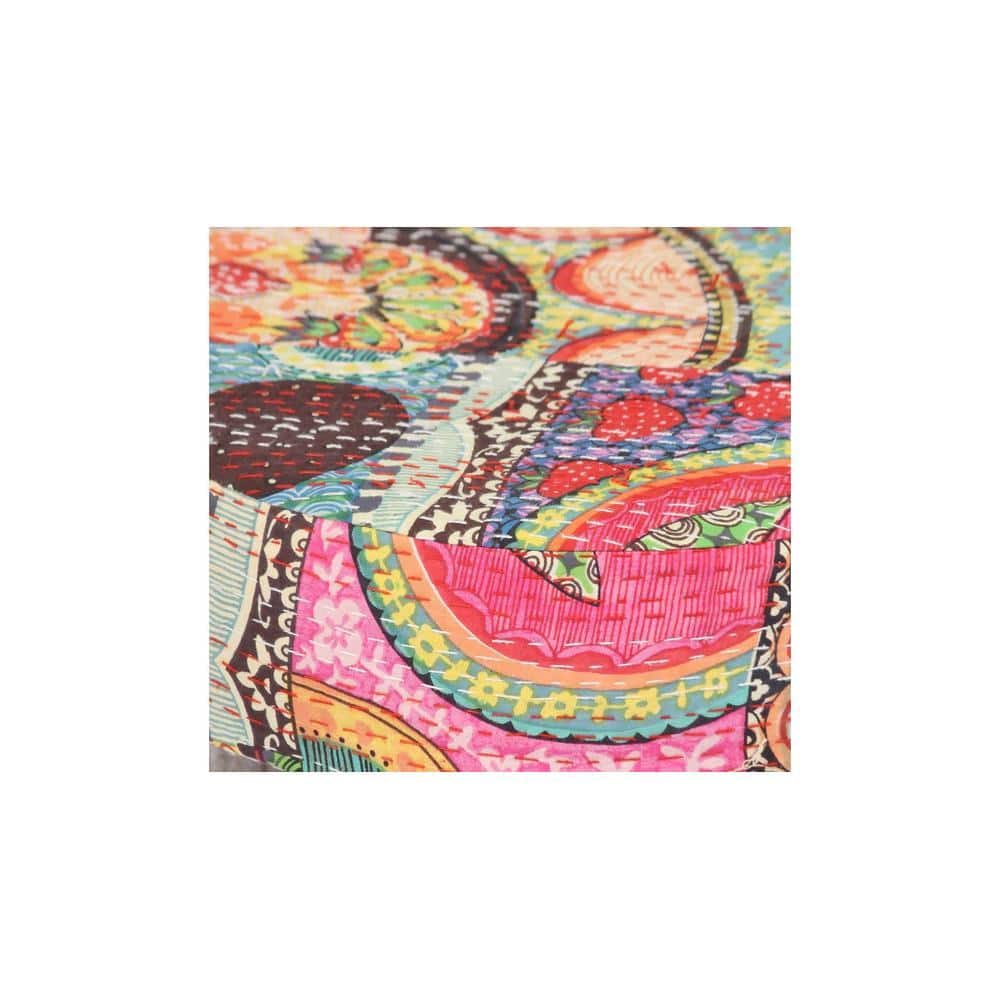 Kingsville Solid Wood Stool in Multi Colour Israel Print Kantha fabric