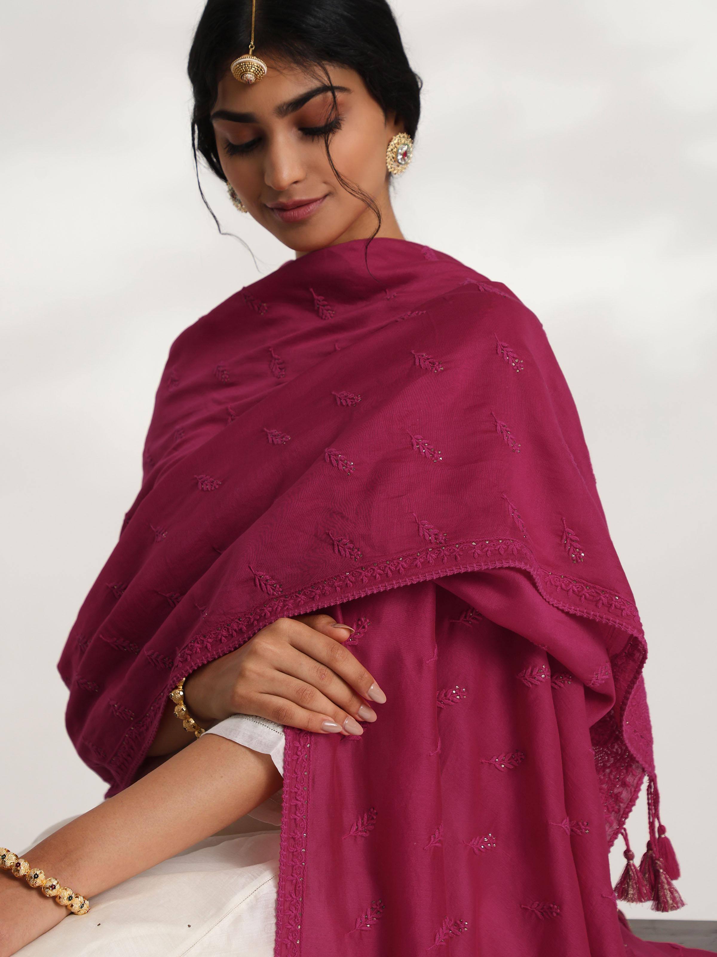 Fuschia Chikankari Handwoven Dupatta