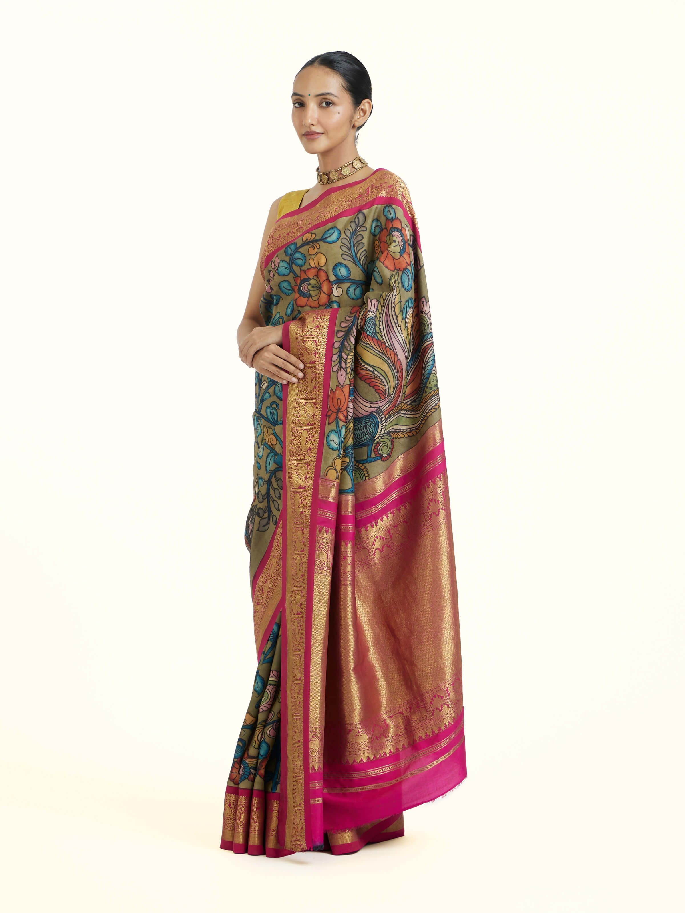 Maroon Kalamkari Kancheepuram Saree