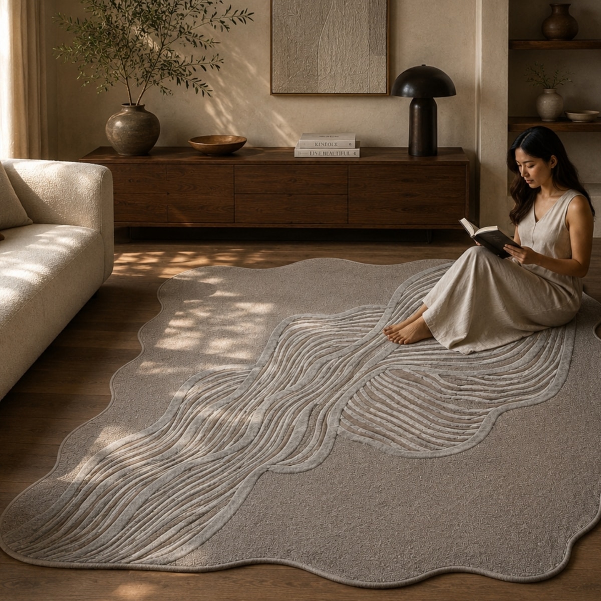 Handmade Wool Silk Shaped Rug Abstract Contour Taupe 8 x 10 Feet Carpet - NEU LOOMS