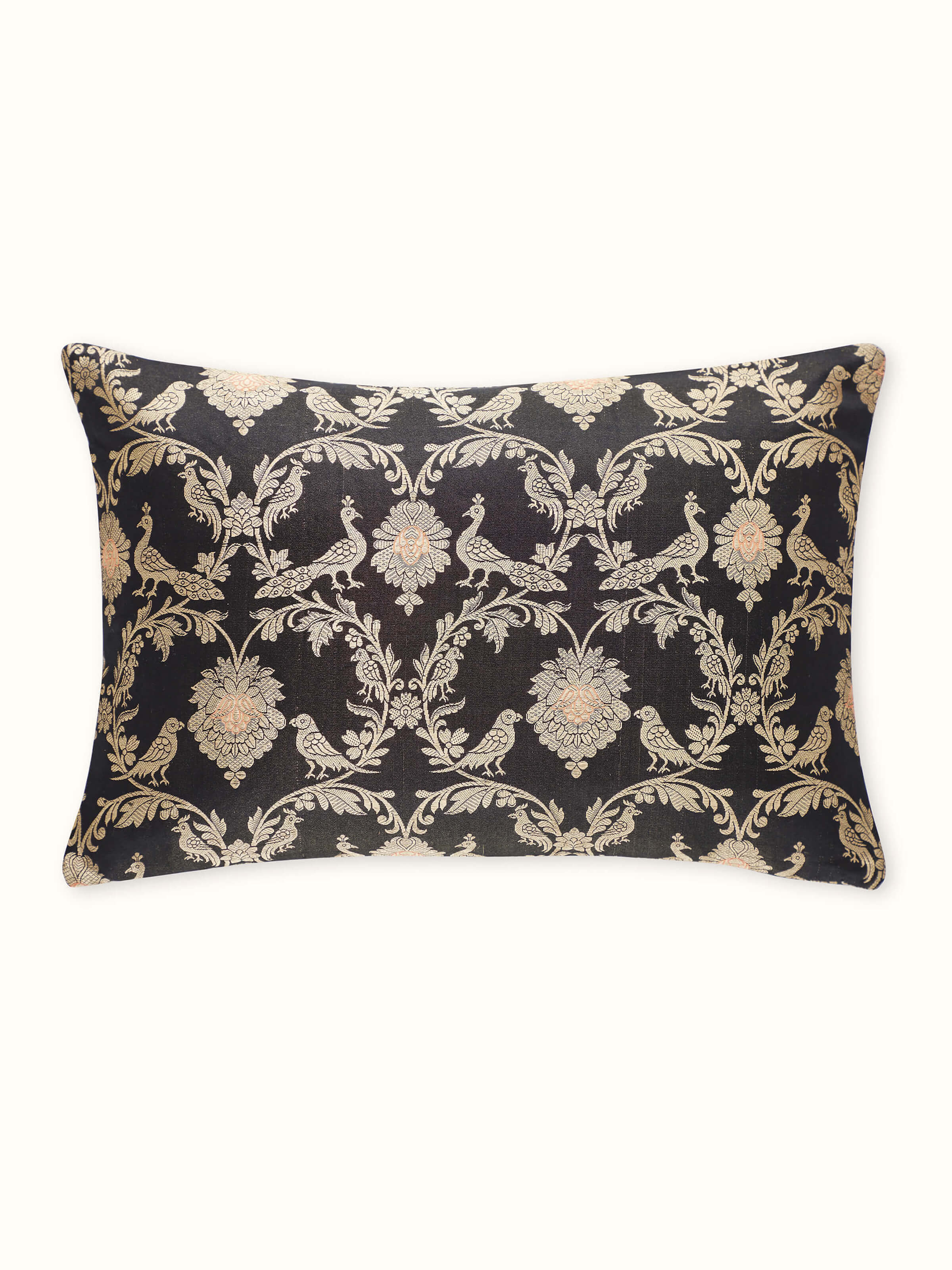 Awadh Black Jaal Banarasi Handloom Silk Lumbar Cushion Cover