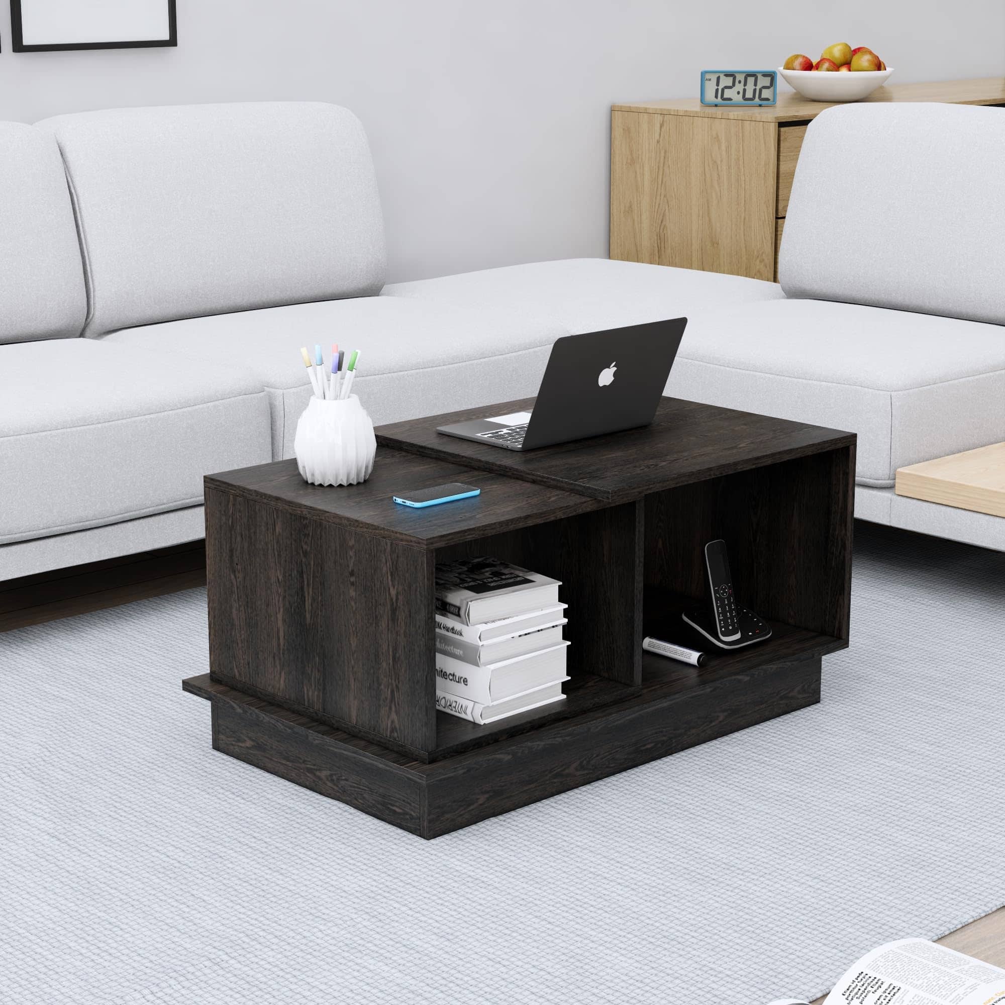 Hexa Engineered Wood Coffee Table With Storage And Open Rack In Flower Wenge - HexaRed