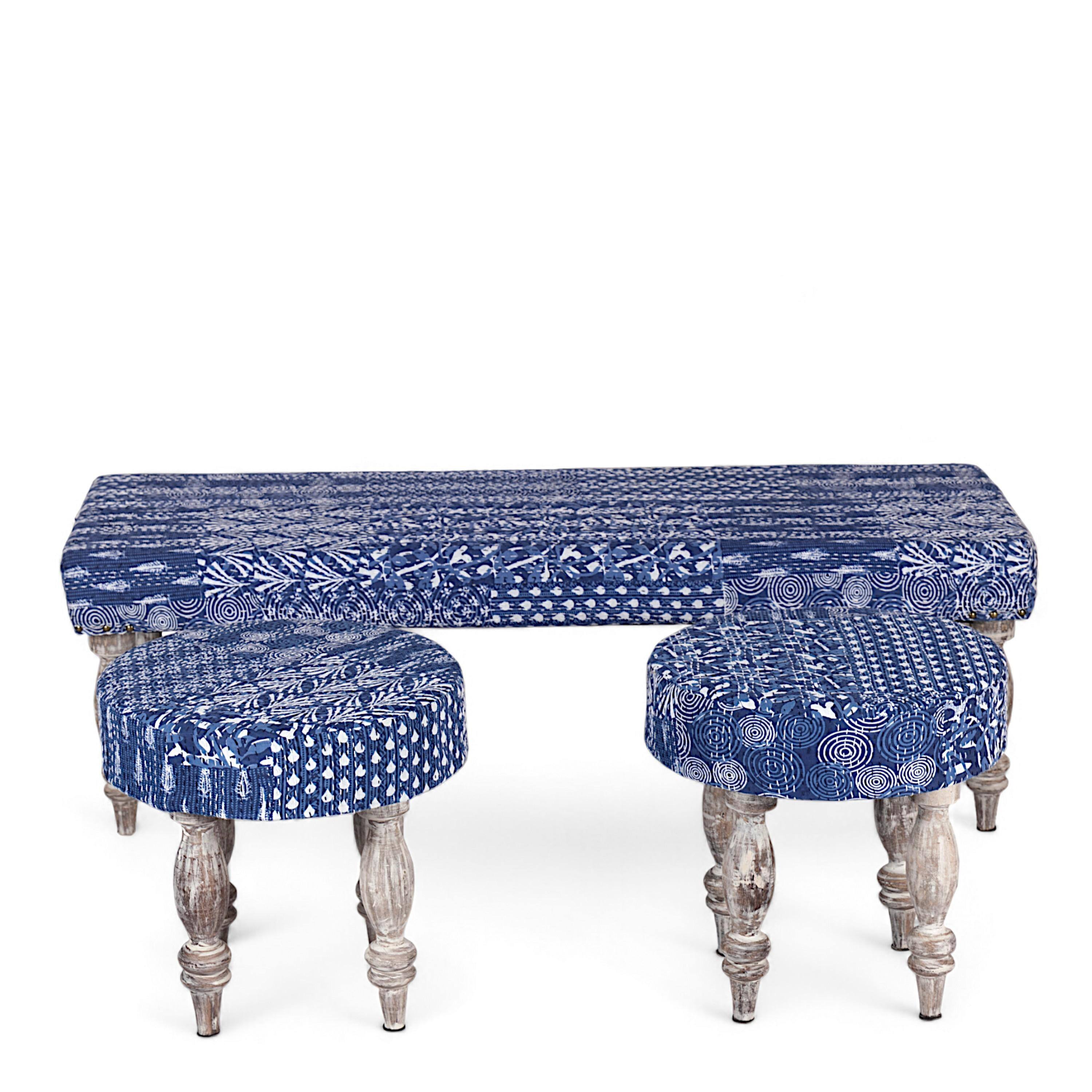 Cairo Sheesham Wood Mid Century 3+1+1 Seater Bench Set With 2 Stools In Indigo Patchwork Kantha