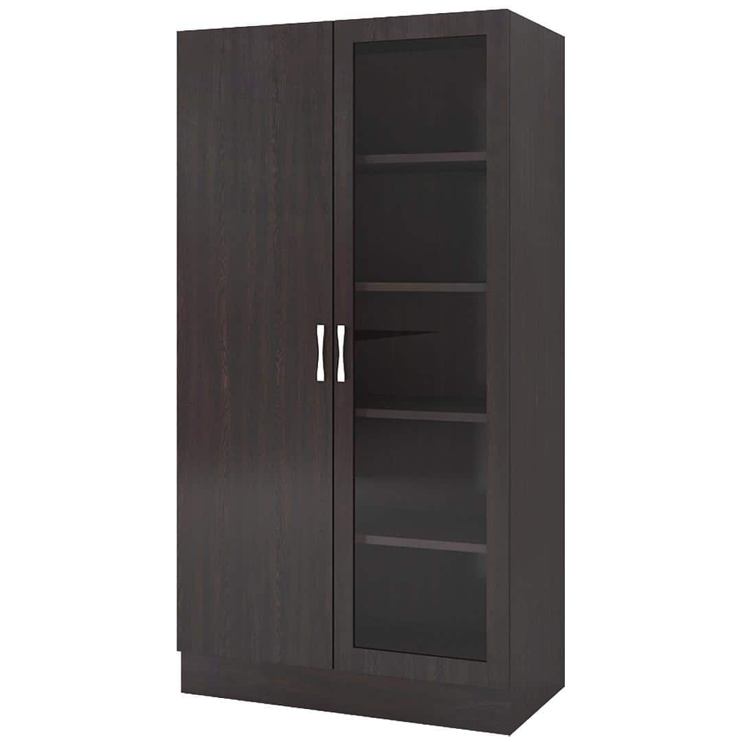Celestia Double Door Bookshelf cum Crockery Cabinet with Toughened Glass in Antique Ebony Colour