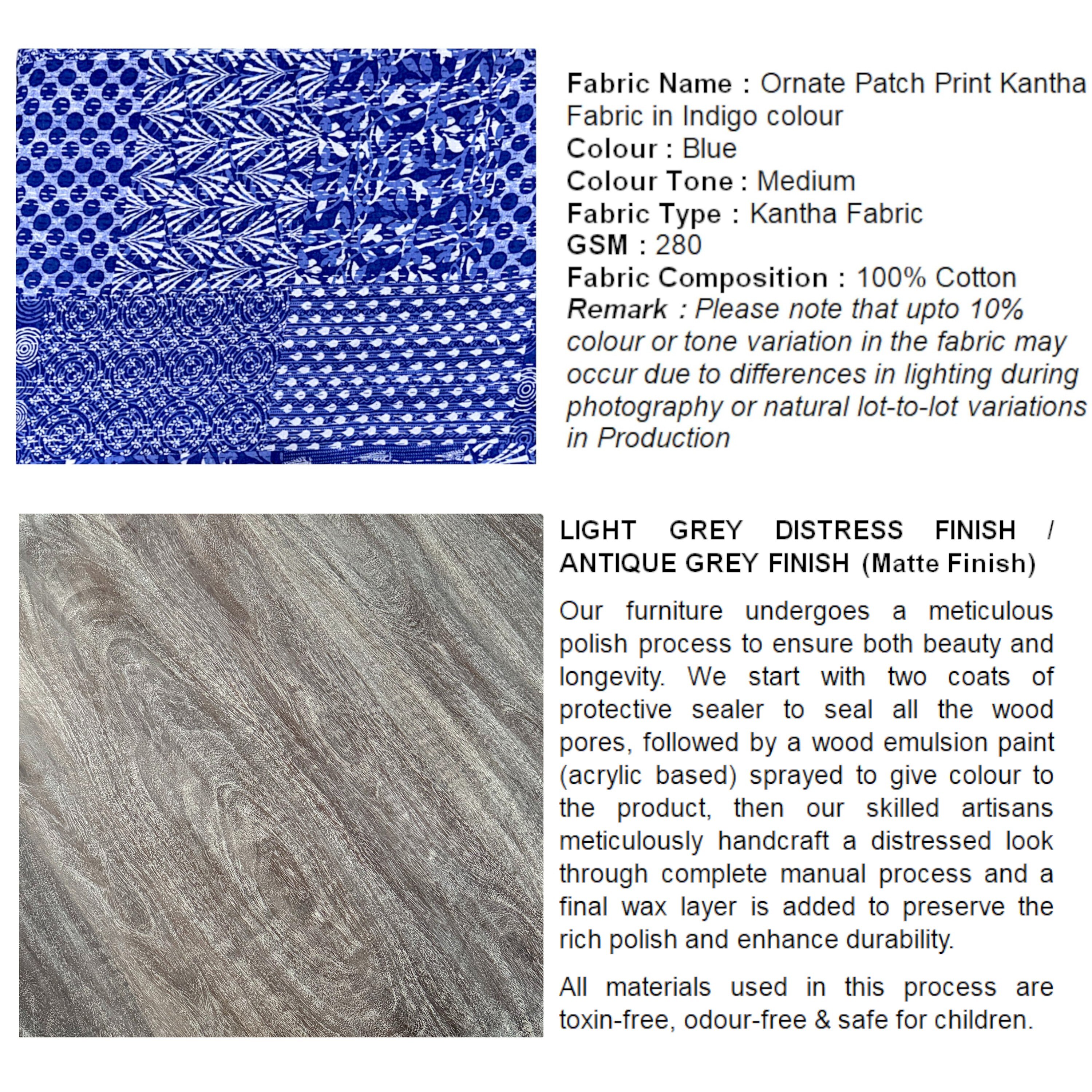 Roswell Sheesham Wood Mid Century Round Set of 2 Stools in Indigo Patchwork Kantha Upholstery