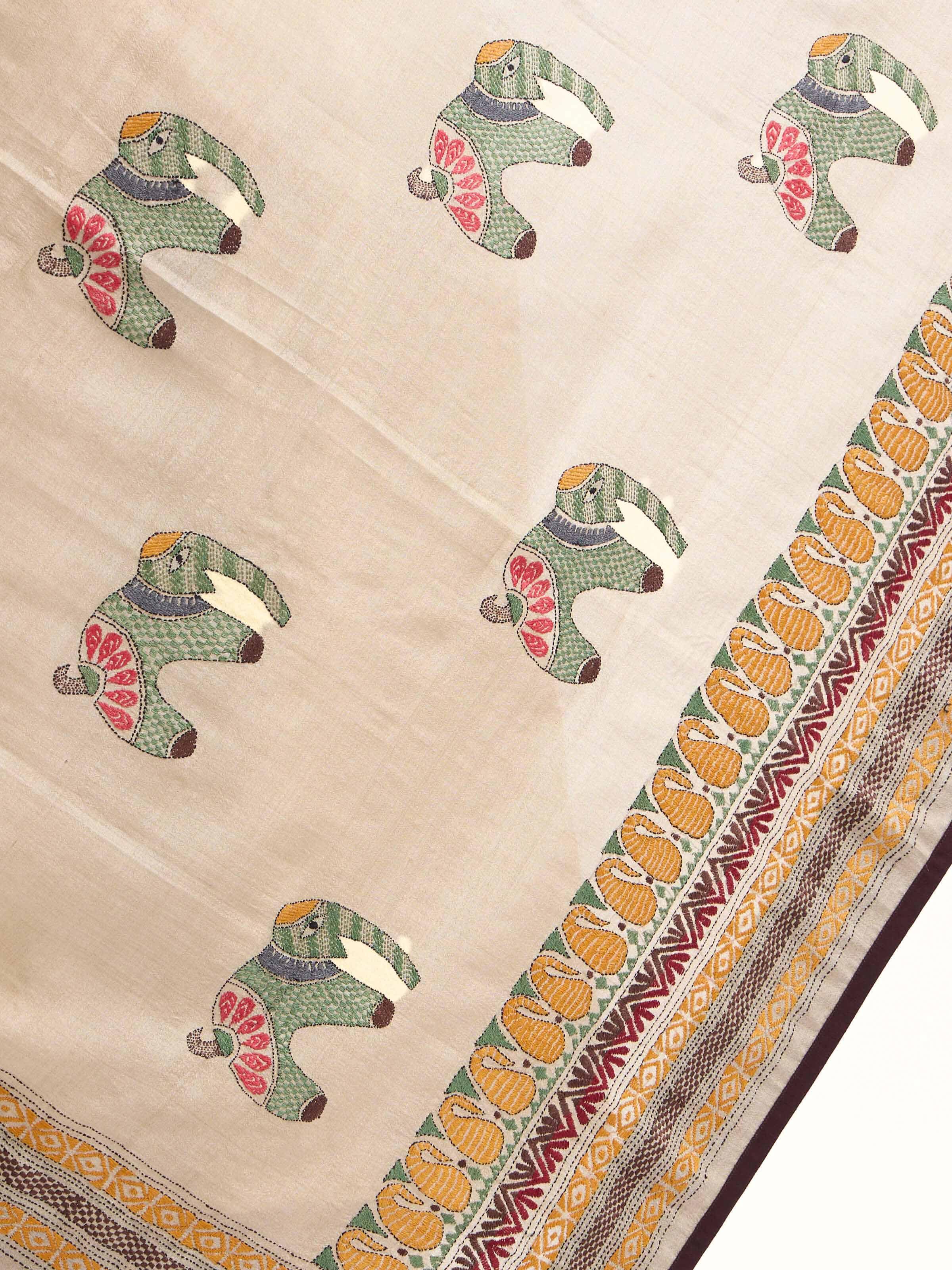 Detail view of beige tussar silk kantha embroidered dupatta showing embroidery craftsmanship