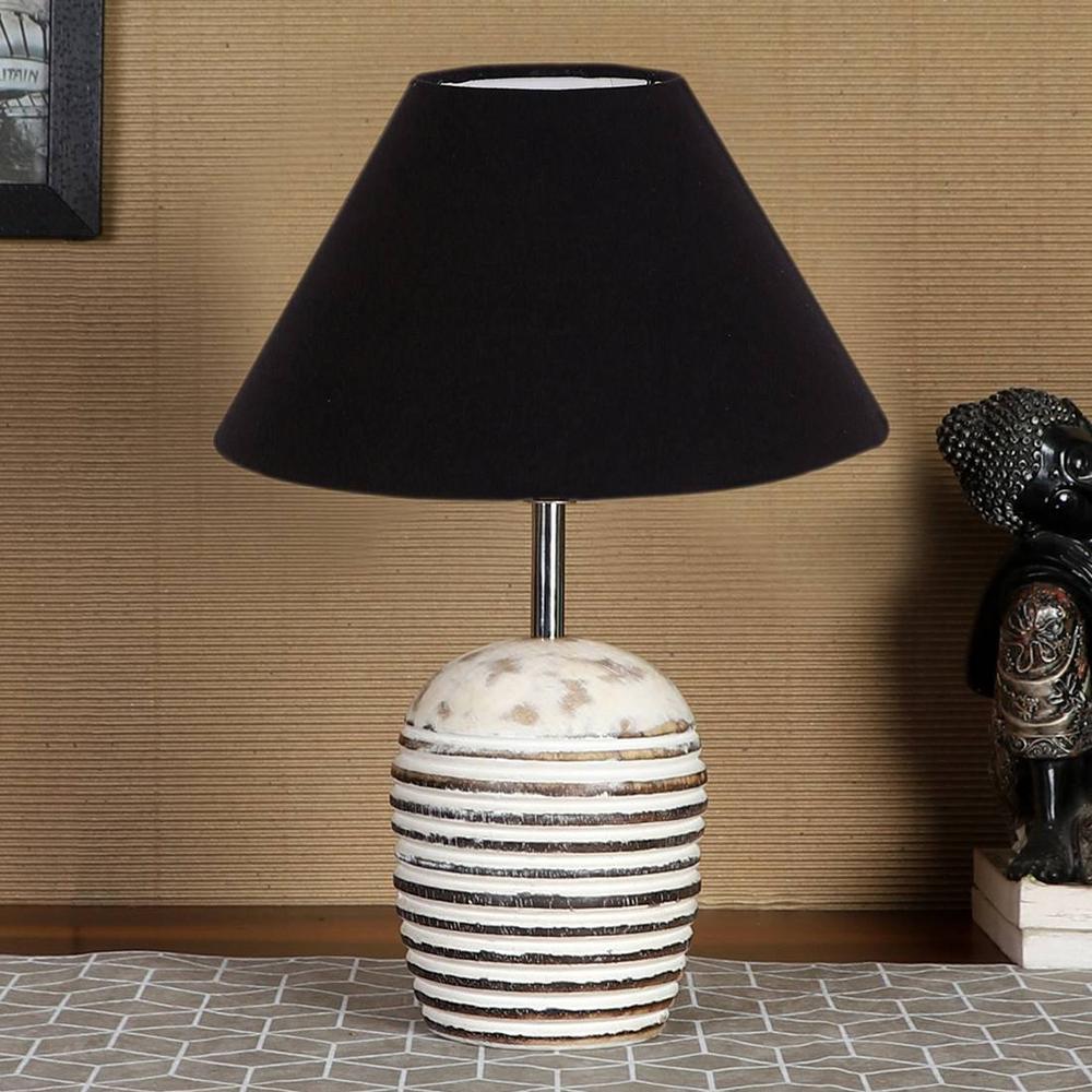 Black cotton with White Brushed Wood Table Lamp