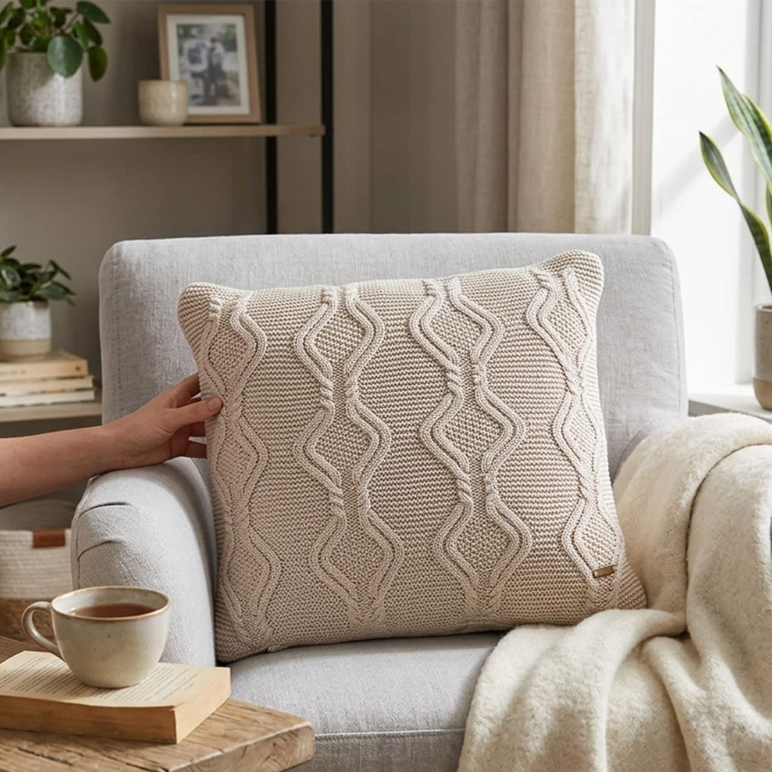 Nile Sand Cotton Knitted Decorative Cushion Cover 16 x 16 Inches