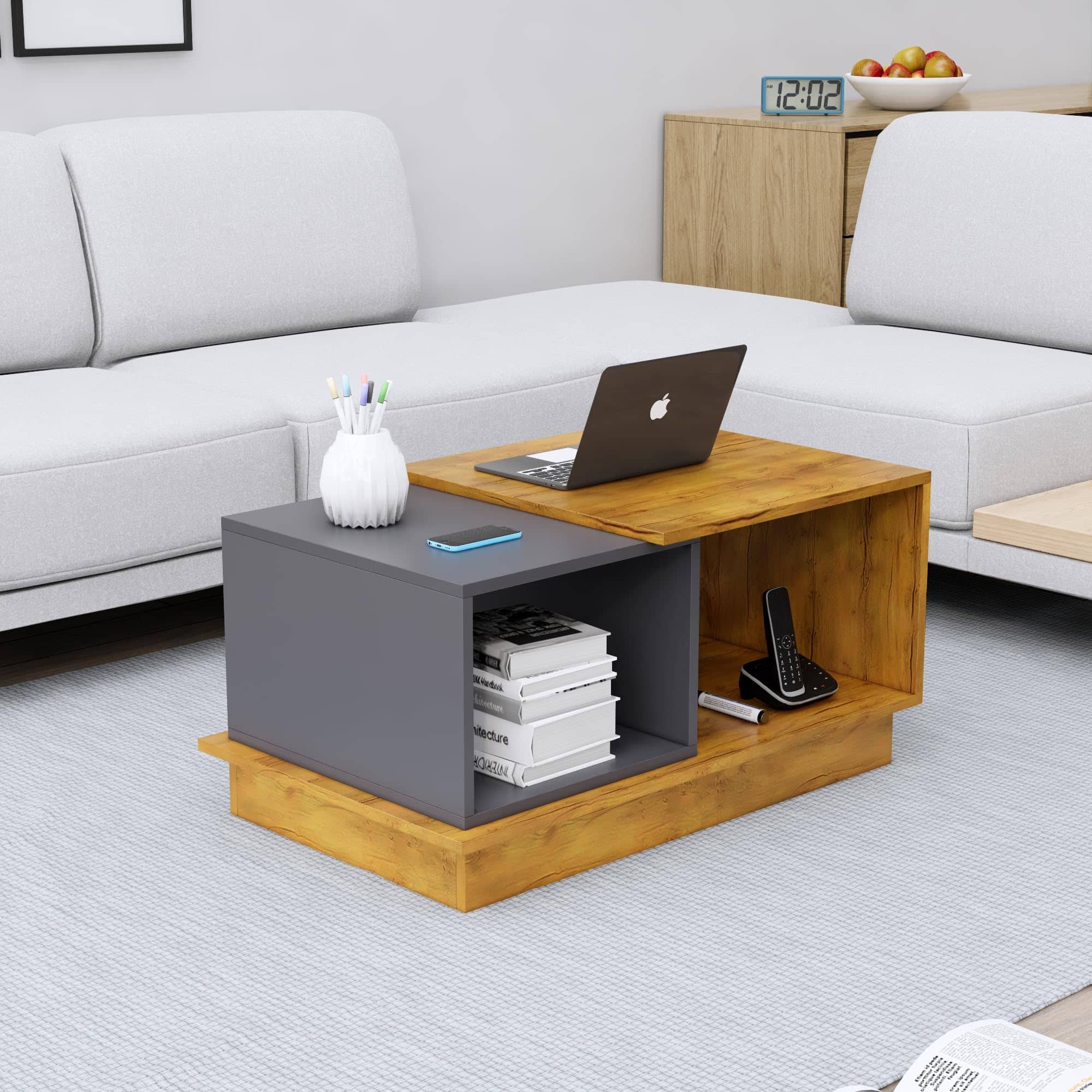 Hexa Engineered Wood Coffee Table With Storage And Open Rack In Giant Wood And Slate Grey - HexaRed
