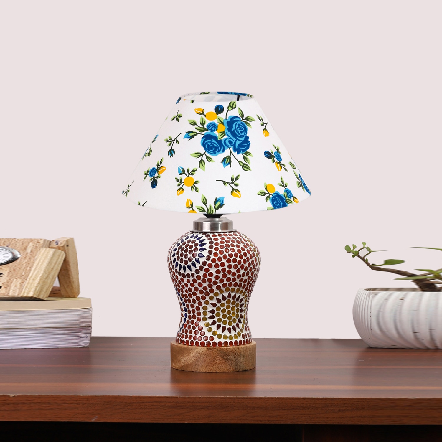 Devansh Conical Multi Cotton Shade Lamp With Wood & Mosaic Glass Base For Decoration/Office/Home/Gifting/Study For Decoration/Office/Home/Gifting/Study -(10X10X14.5) Inches -A - Devansh