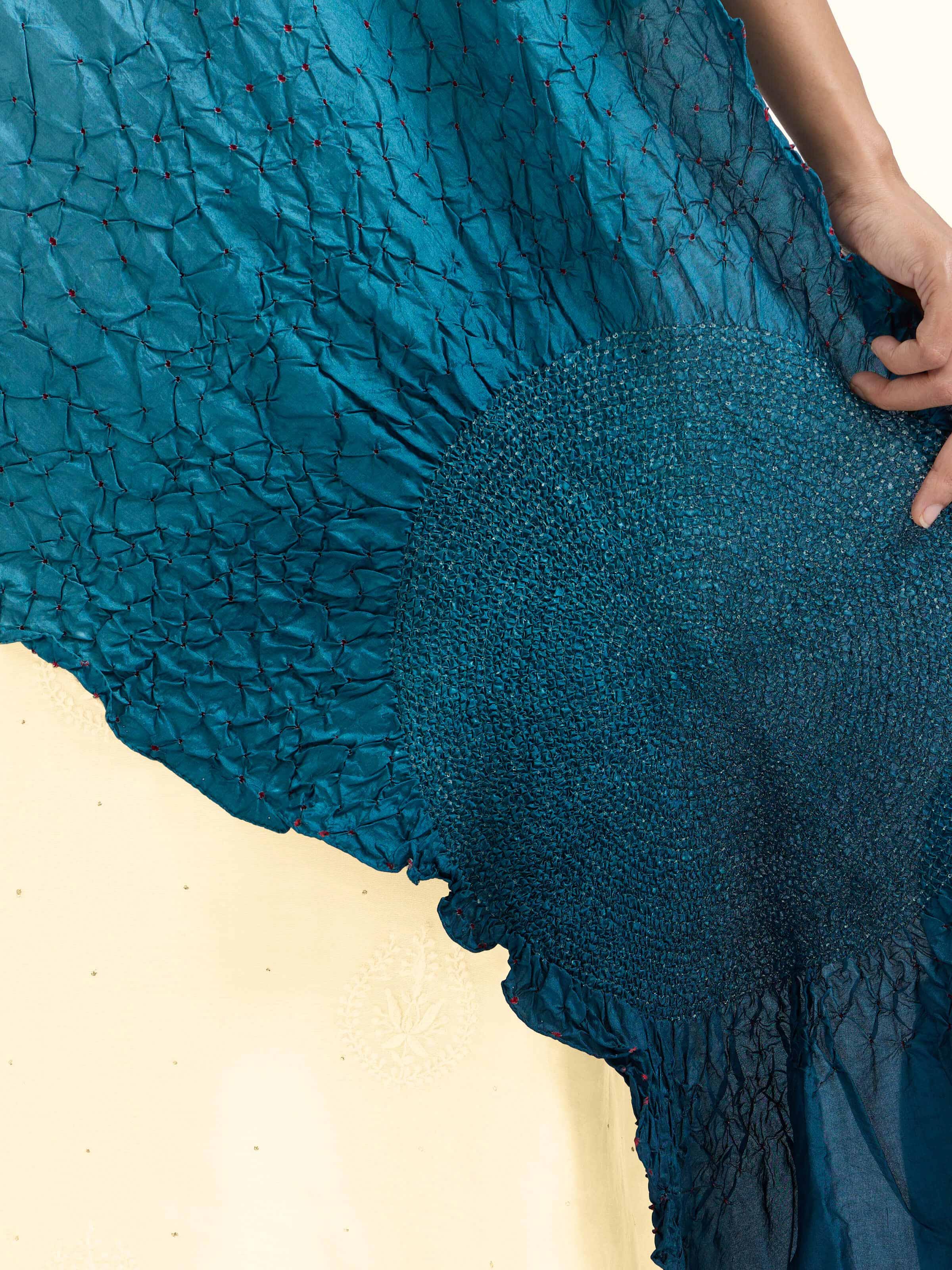 Detailed view of Teal Bandhani Tie & Dye Silk Stole focusing on the fine craftsmanship and texture