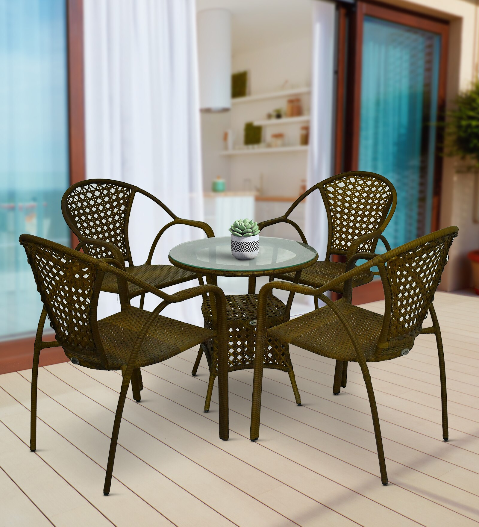 Esperance Wicker Table And Chair Set In Beige And Brown Dual Tone Finish