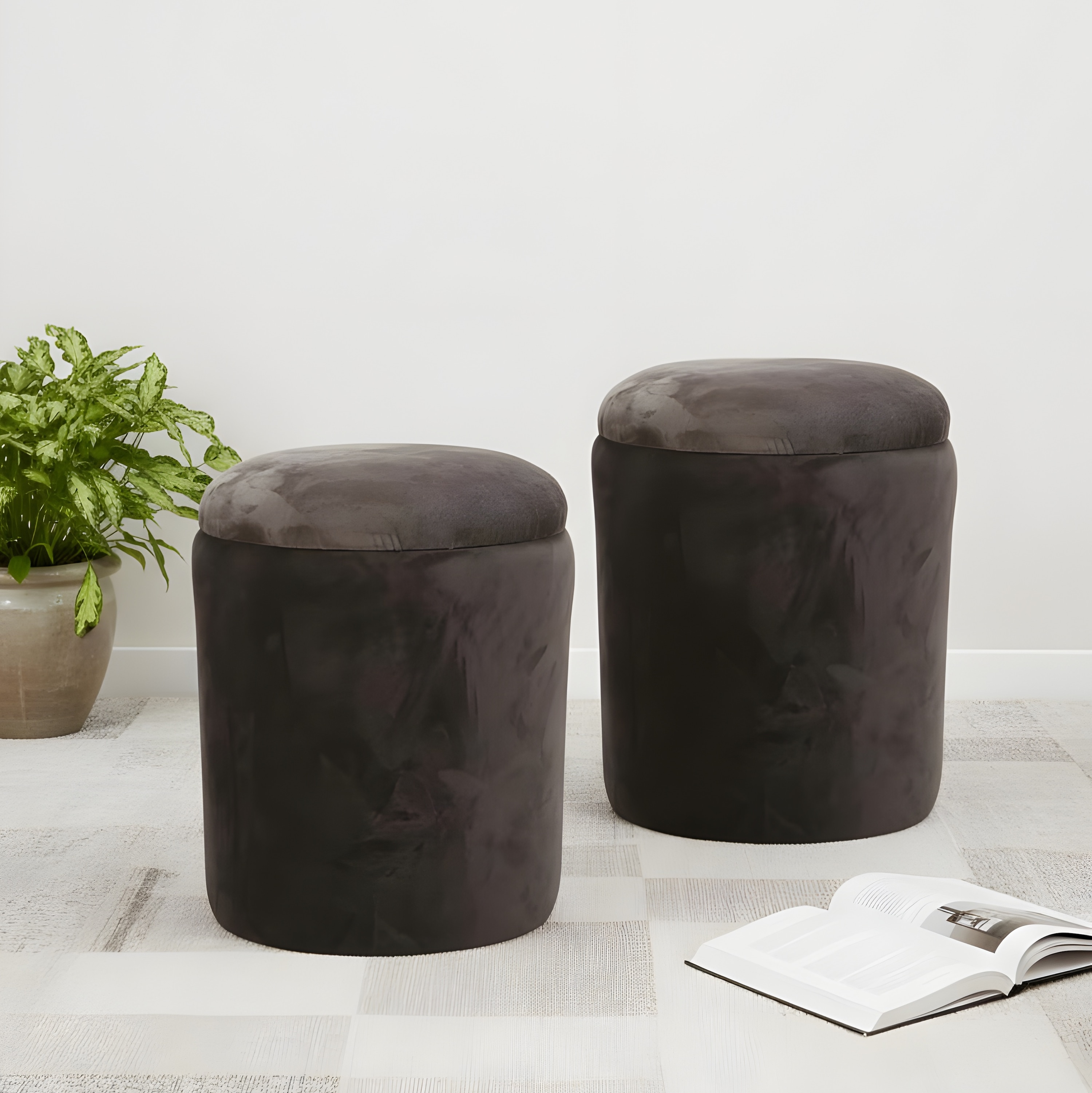 Wayne Pine Wood Accent Set of 2 Ottoman Pouffees in Cedar Brown Velvet