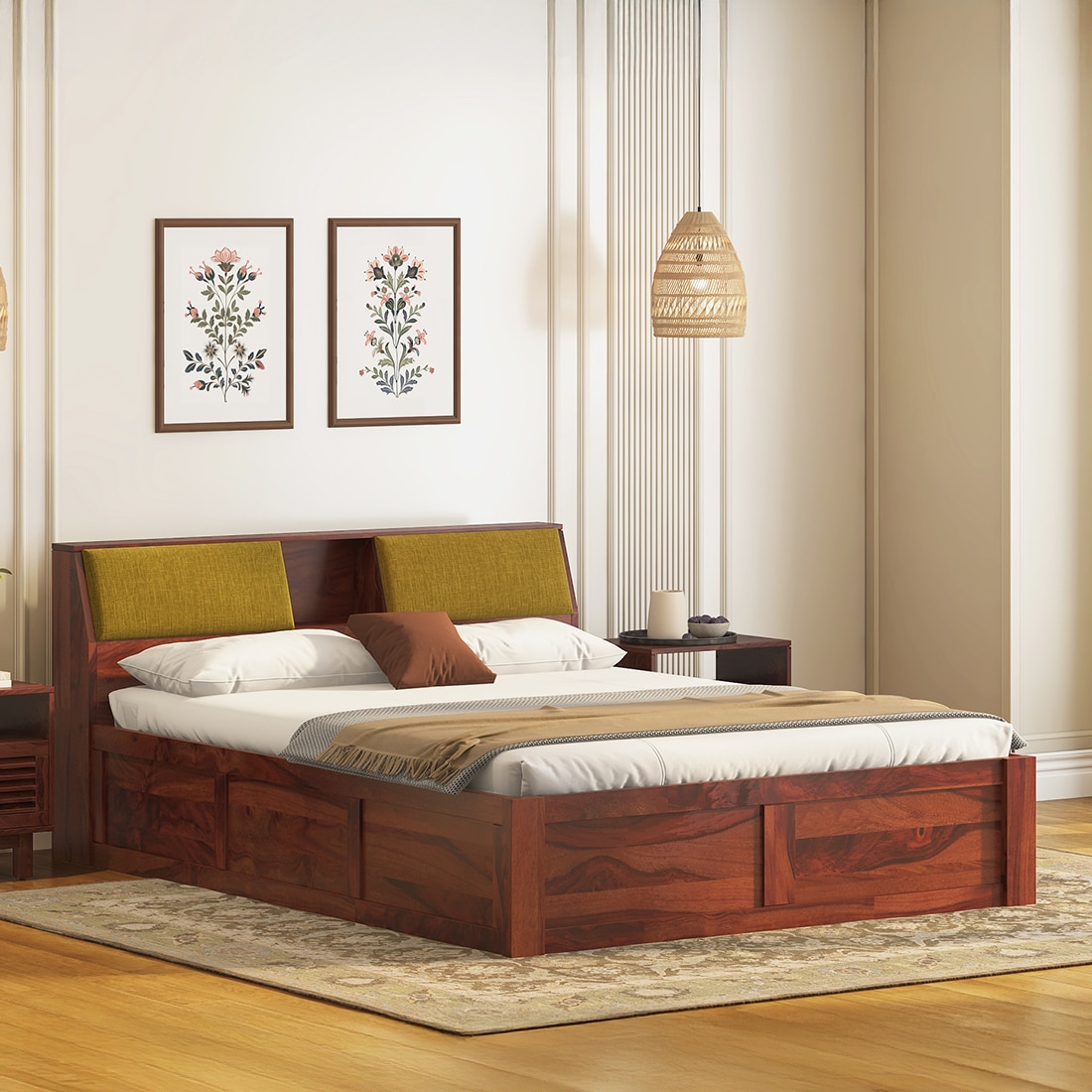 Jennings Solid Wood Queen Size Hydraulic Storage Bed In Honey Finish, Fabric - Olive Green Honduras