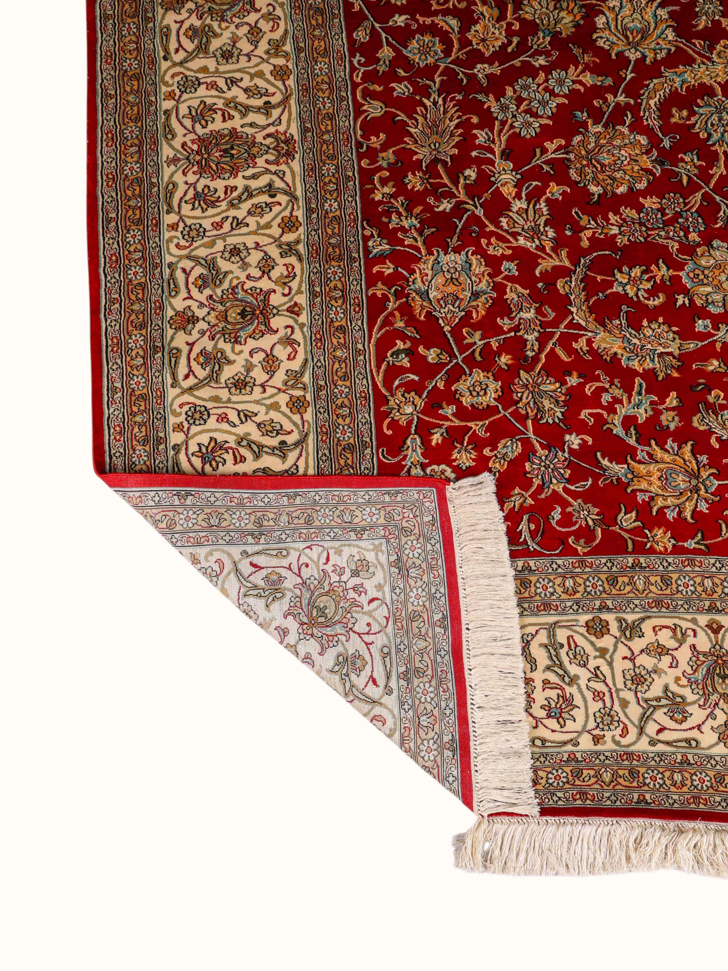 Traditional Persian Red Ivory All over Kashmir Silk Hand-Knotted Carpet