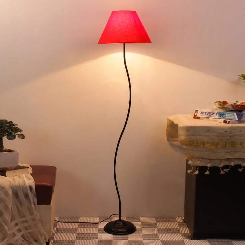 Violet Red Fabric Floor Lamp with Black Iron Base