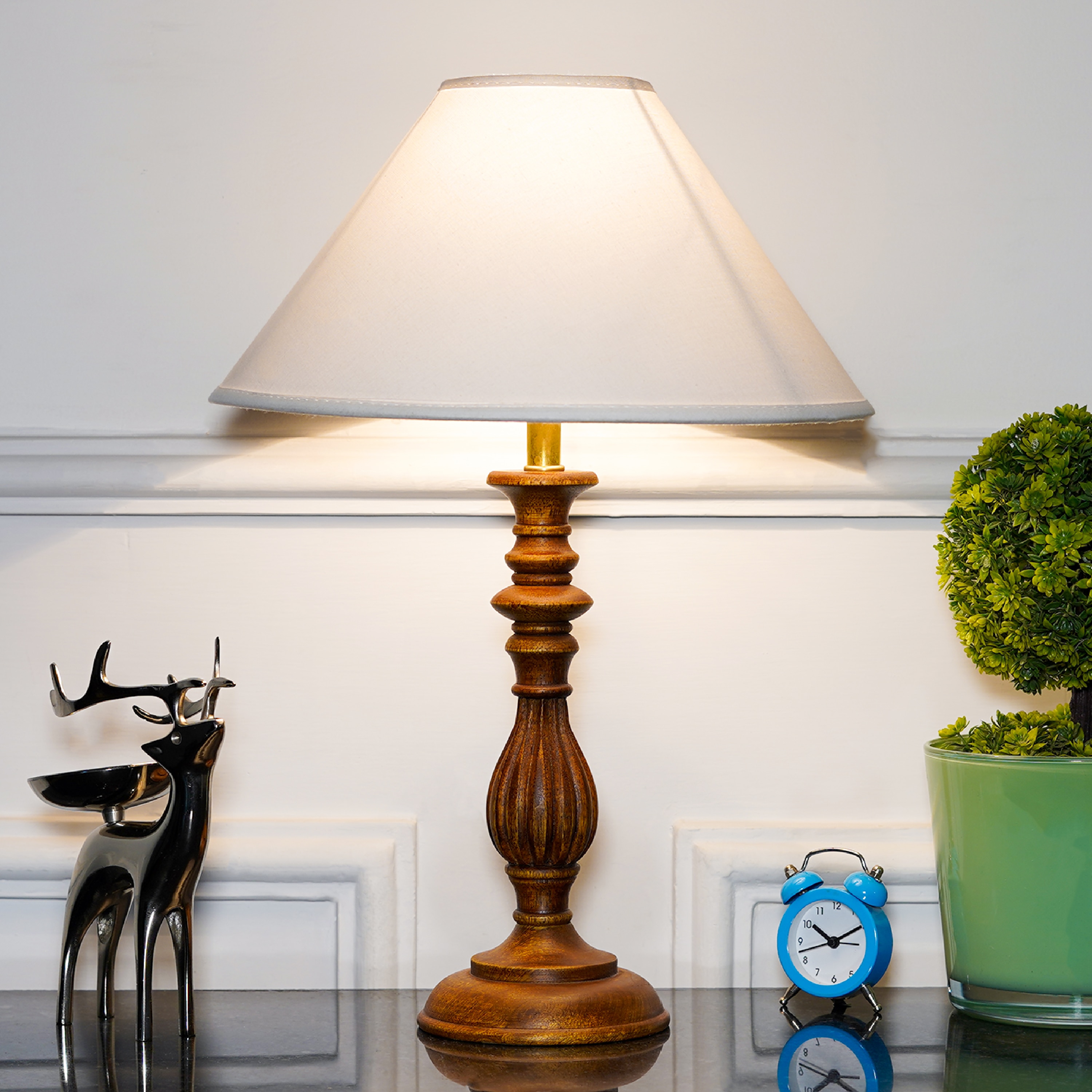 Lorette hand crafted Solid wood honey finish table lamp With White Cotton Shade