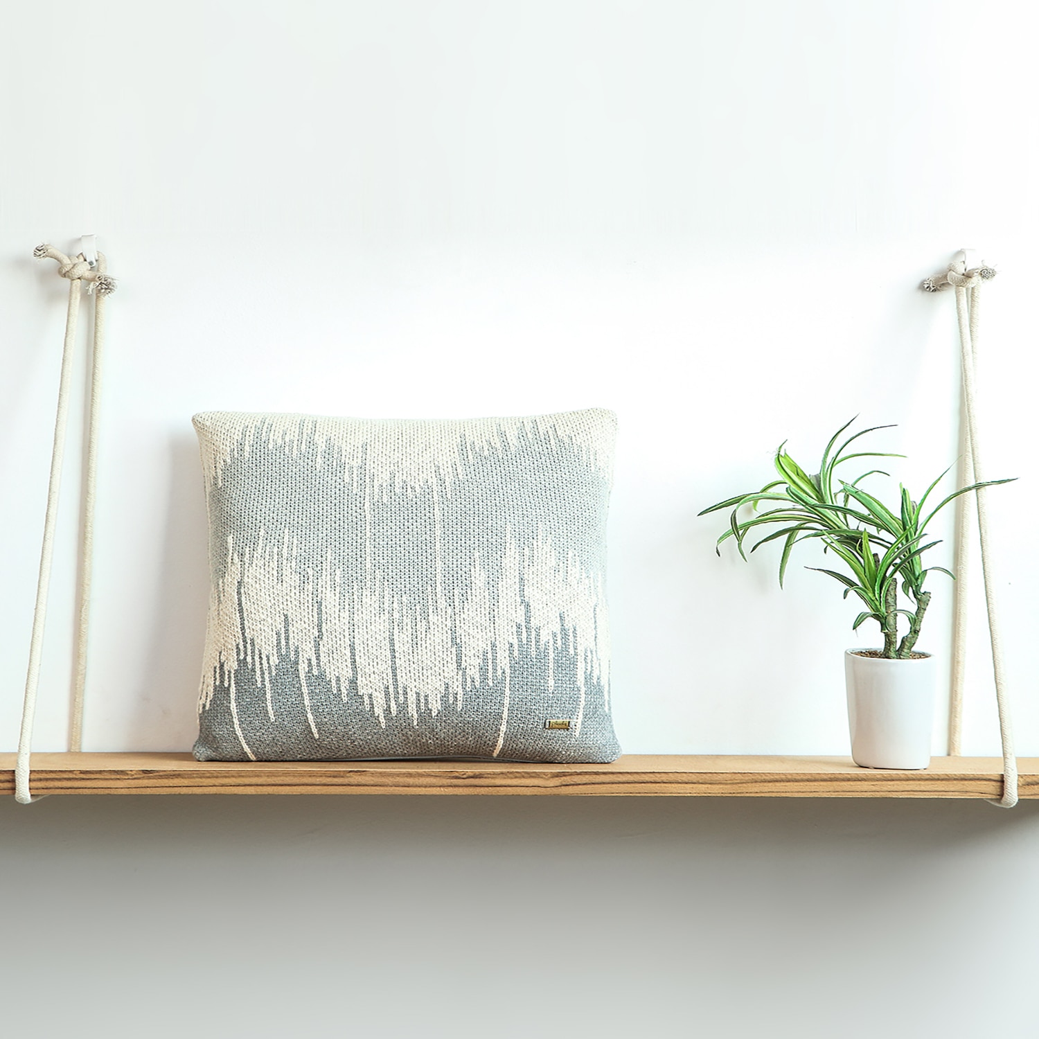 Wave Vanilla Grey Melange  And Natural Cotton Knitted Jacquard Cushion Cover 16X16 Inches - Pluchi